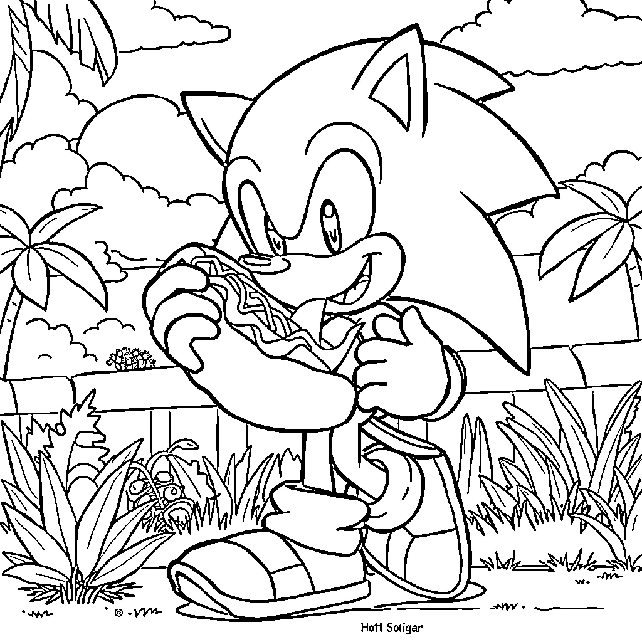 Sonic enjoying a tropical day outdoors Coloring Page (free black-and-white line drawing printable PDF for all, from beginners to advanced learners, including children, teens, adults, and seniors)