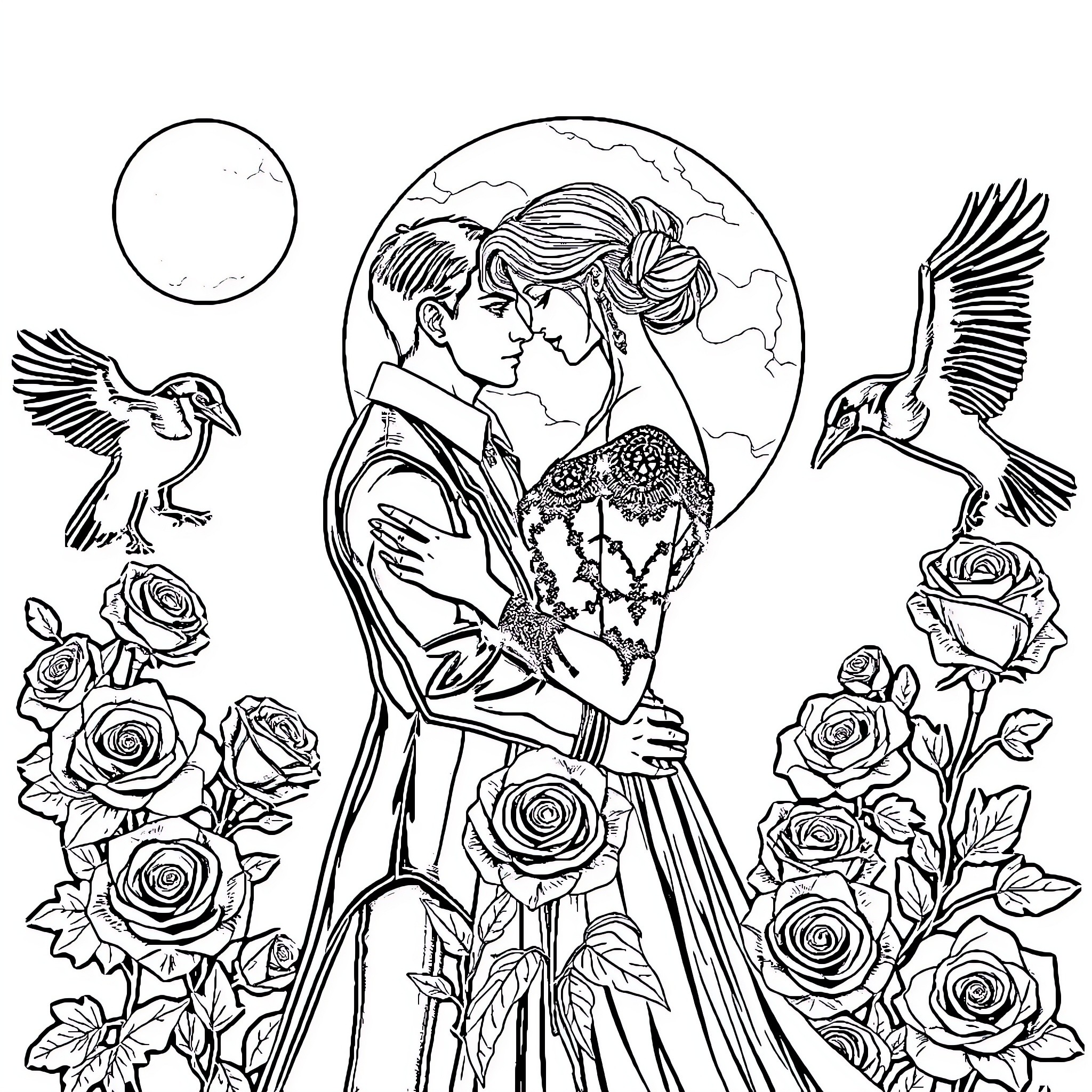 Gothic Couple Embracing Amidst Roses and Birds Coloring Page (free black-and-white line drawing printable PDF for all, from beginners to advanced learners, including children, teens, adults, and seniors)