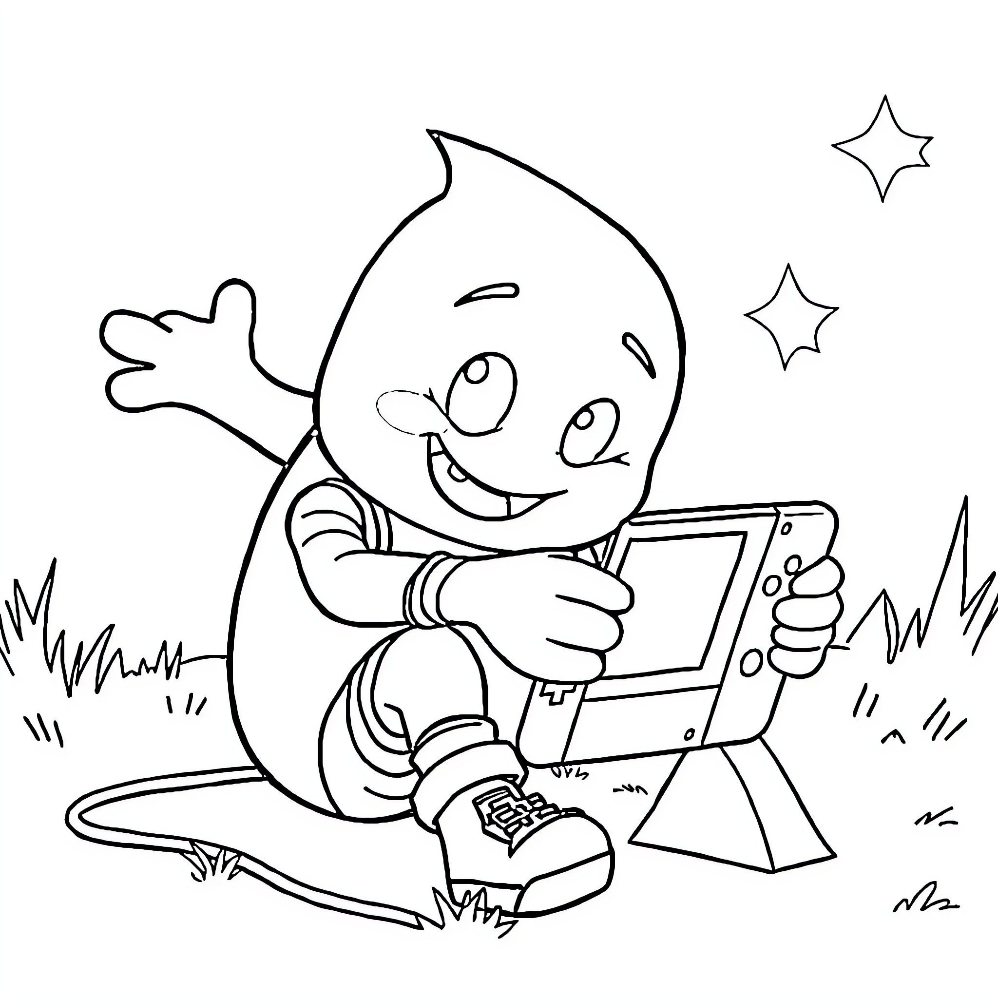Peel's Playful Tablet Adventure Coloring Page (free black-and-white line drawing printable PDF for all, from beginners to advanced learners, including children, teens, adults, and seniors)