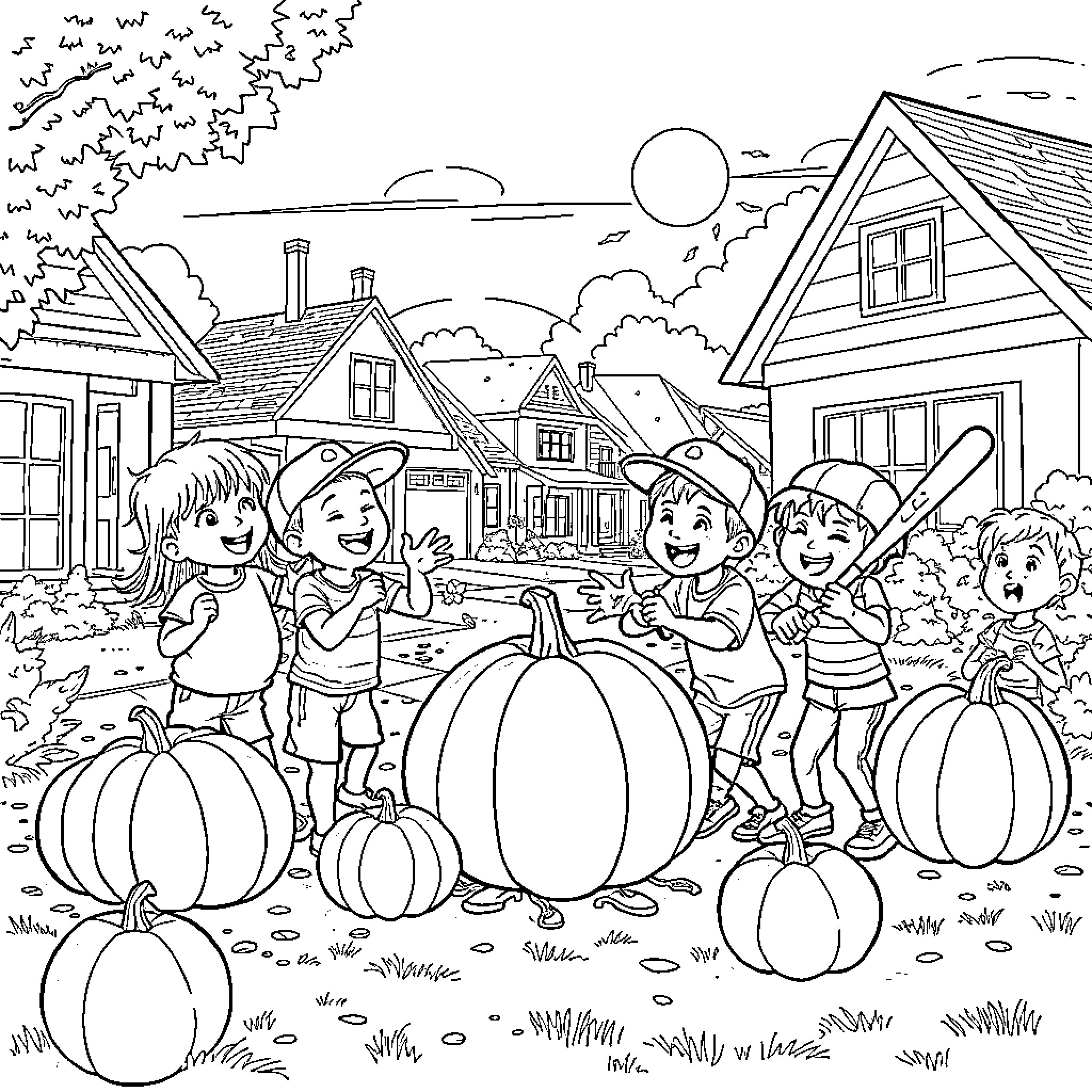 Child playing with pumpkins in neighborhood Coloring Page (free black-and-white line drawing printable PDF for all, from beginners to advanced learners, including children, teens, adults, and seniors)