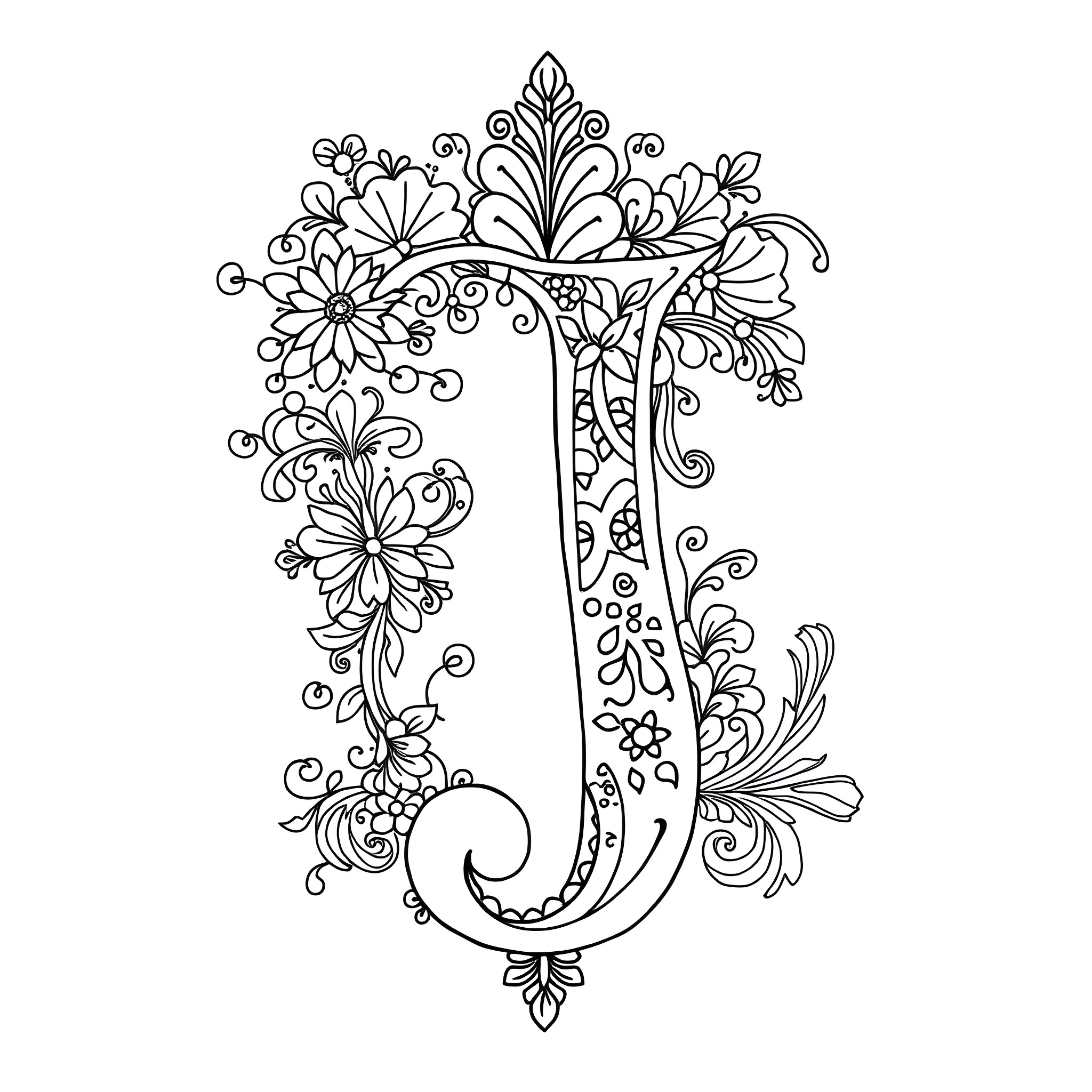 Letter J with Decorative Floral Elements Coloring Page (free black-and-white line drawing printable PDF for all, from beginners to advanced learners, including children, teens, adults, and seniors)