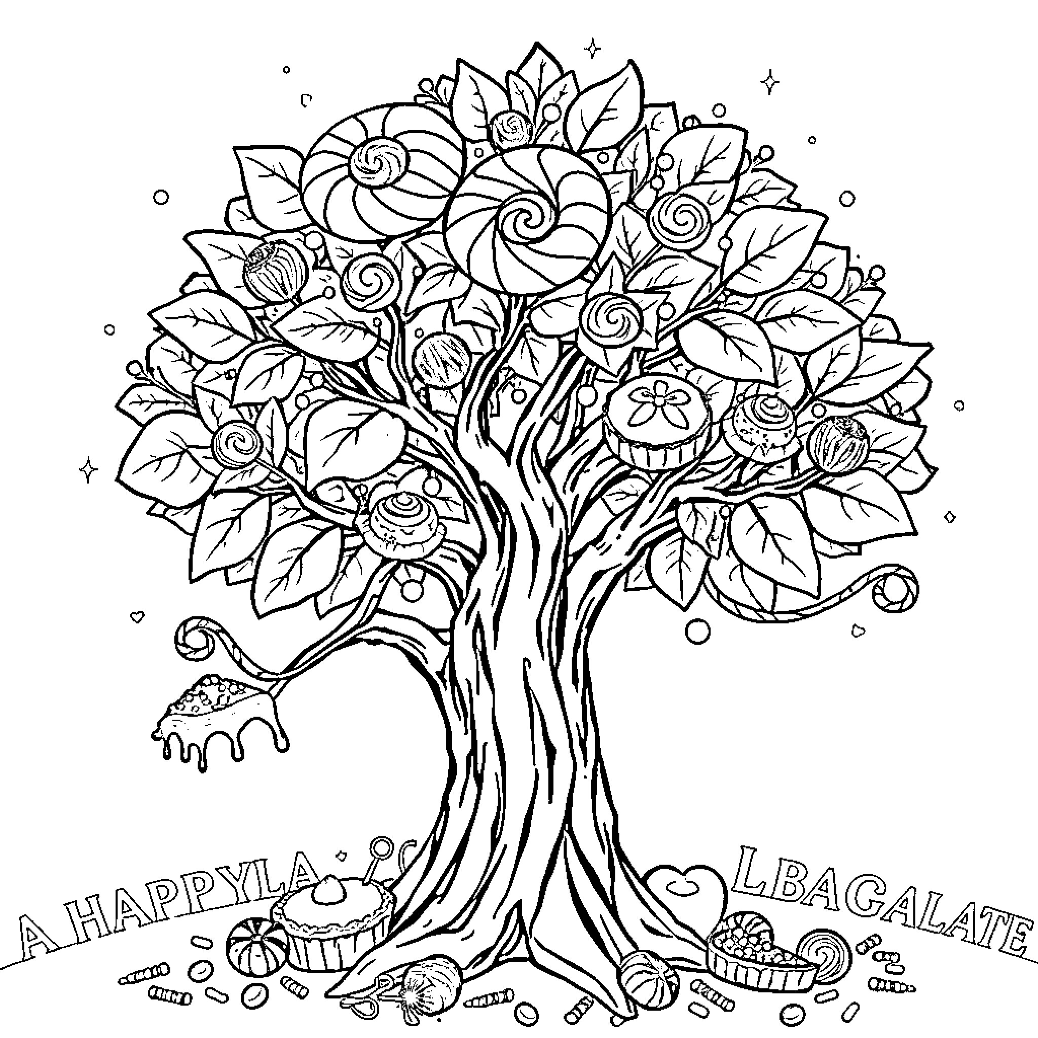 Tree of Whimsical Floral Designs Coloring Page (free black-and-white line drawing printable PDF for all, from beginners to advanced learners, including children, teens, adults, and seniors)