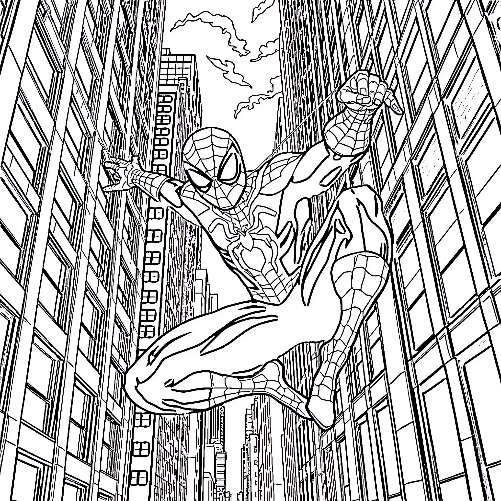 Spider-Man swinging through the city skyscrapers Coloring Page (free black-and-white line drawing printable PDF for all, from beginners to advanced learners, including children, teens, adults, and seniors)