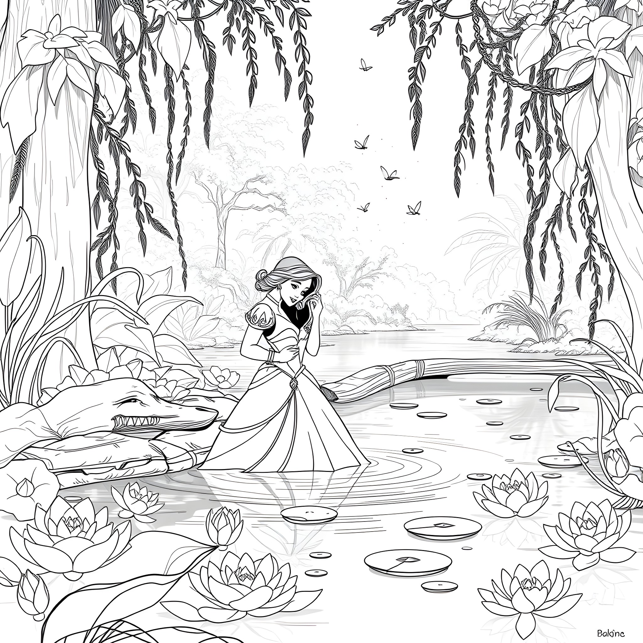 Tiana exploring the enchanted forest lake Coloring Page (free black-and-white line drawing printable PDF for all, from beginners to advanced learners, including children, teens, adults, and seniors)