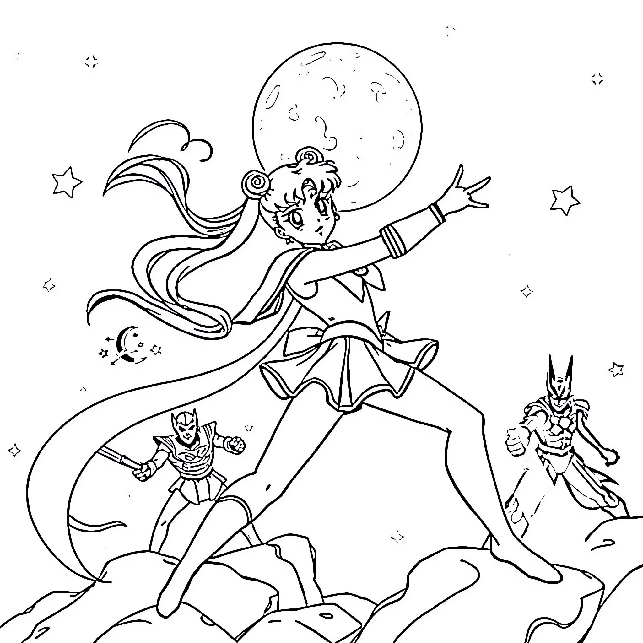 Sailor Moon battling villains under the moonlight Coloring Page (free black-and-white line drawing printable PDF for all, from beginners to advanced learners, including children, teens, adults, and seniors)