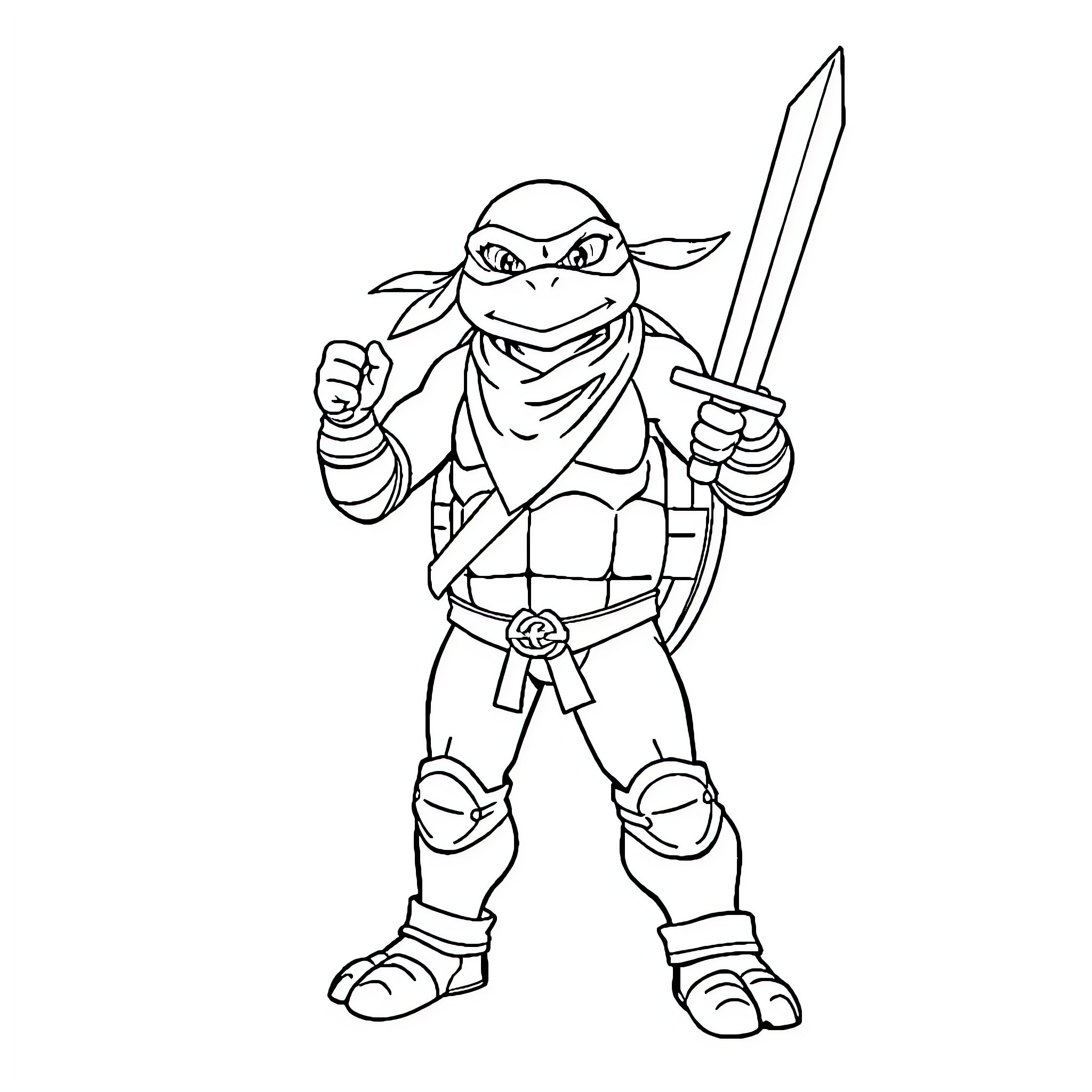 Leonardo the Ninja Turtle with Sword and Mask Coloring Page (free black-and-white line drawing printable PDF for all, from beginners to advanced learners, including children, teens, adults, and seniors)