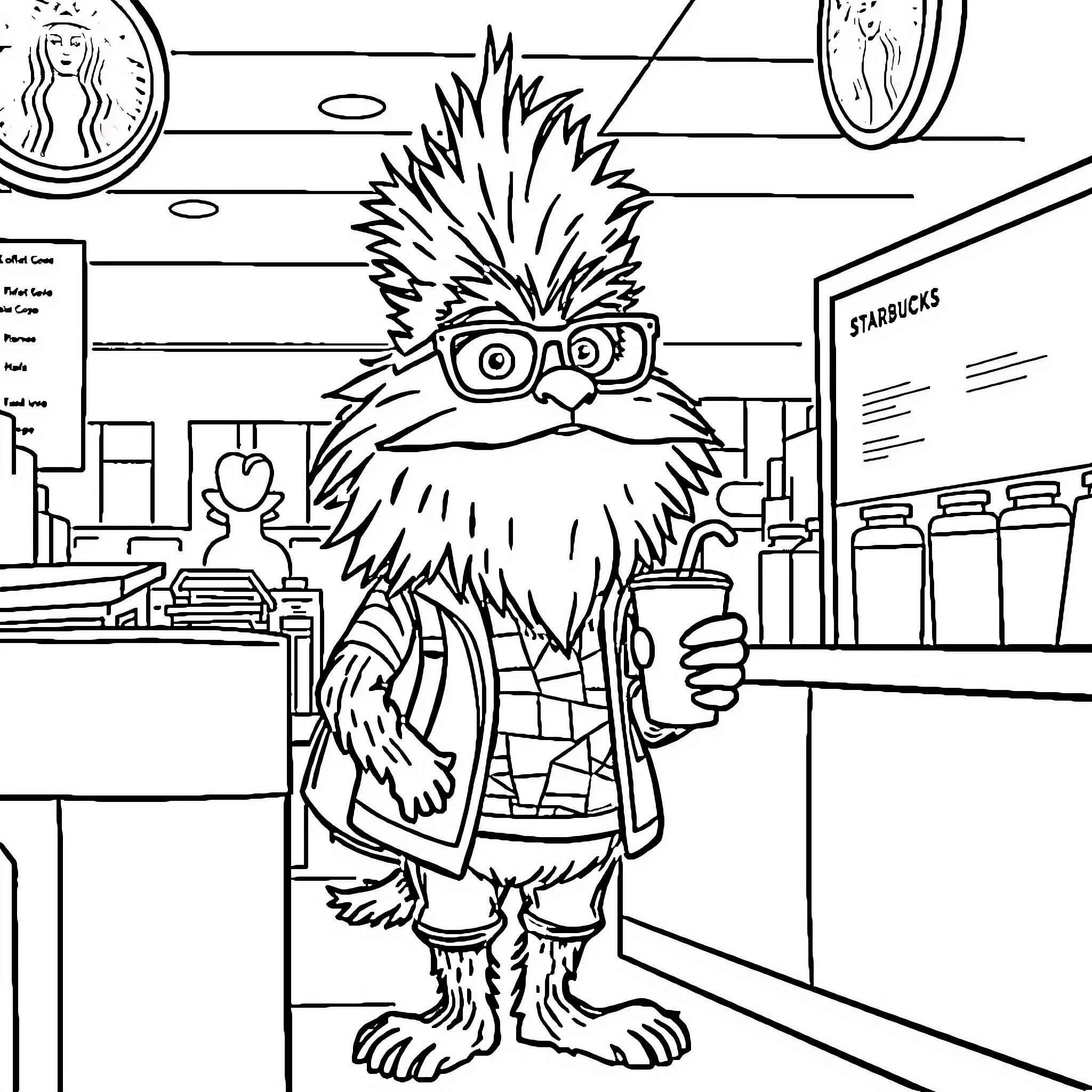 Lorax exploring a Starbucks store Coloring Page (free black-and-white line drawing printable PDF for all, from beginners to advanced learners, including children, teens, adults, and seniors)