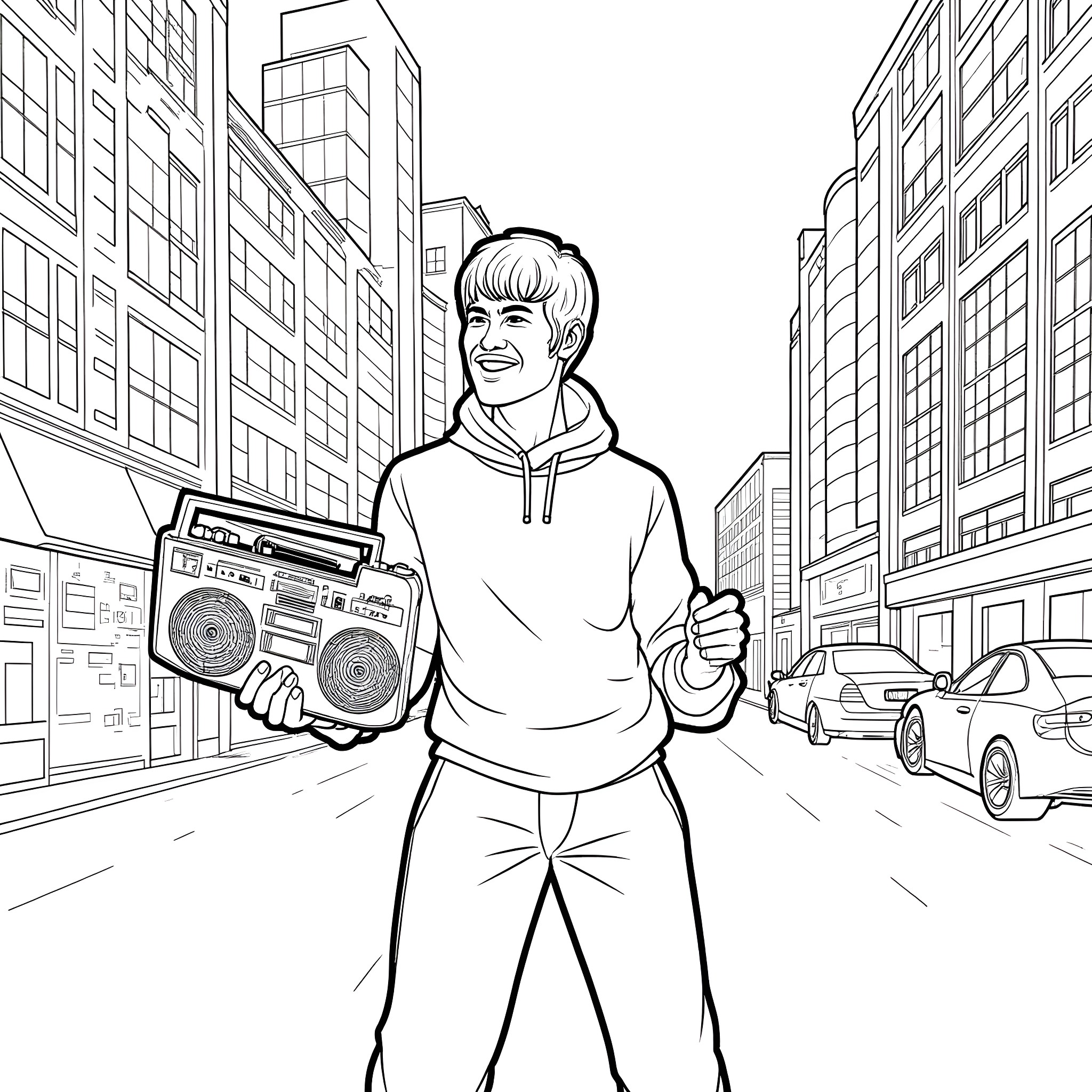 Bruce Lee's Street Style with Boom Box Coloring Page (free black-and-white line drawing printable PDF for all, from beginners to advanced learners, including children, teens, adults, and seniors)