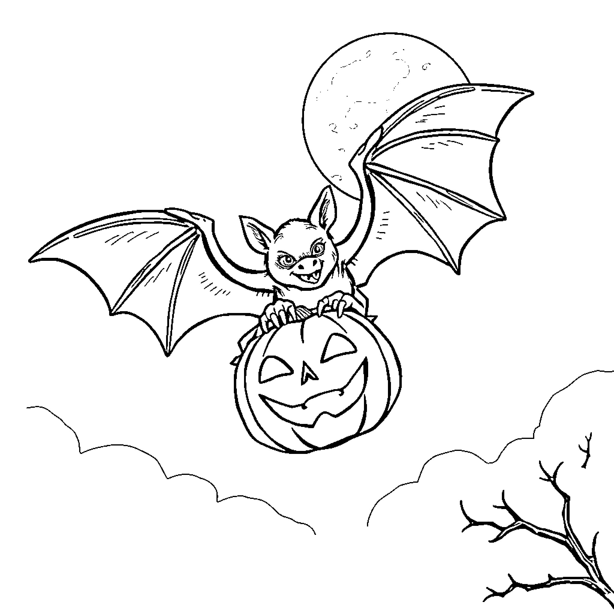 Bat carrying pumpkin with grin in night sky Coloring Page (free black-and-white line drawing printable PDF for all, from beginners to advanced learners, including children, teens, adults, and seniors)