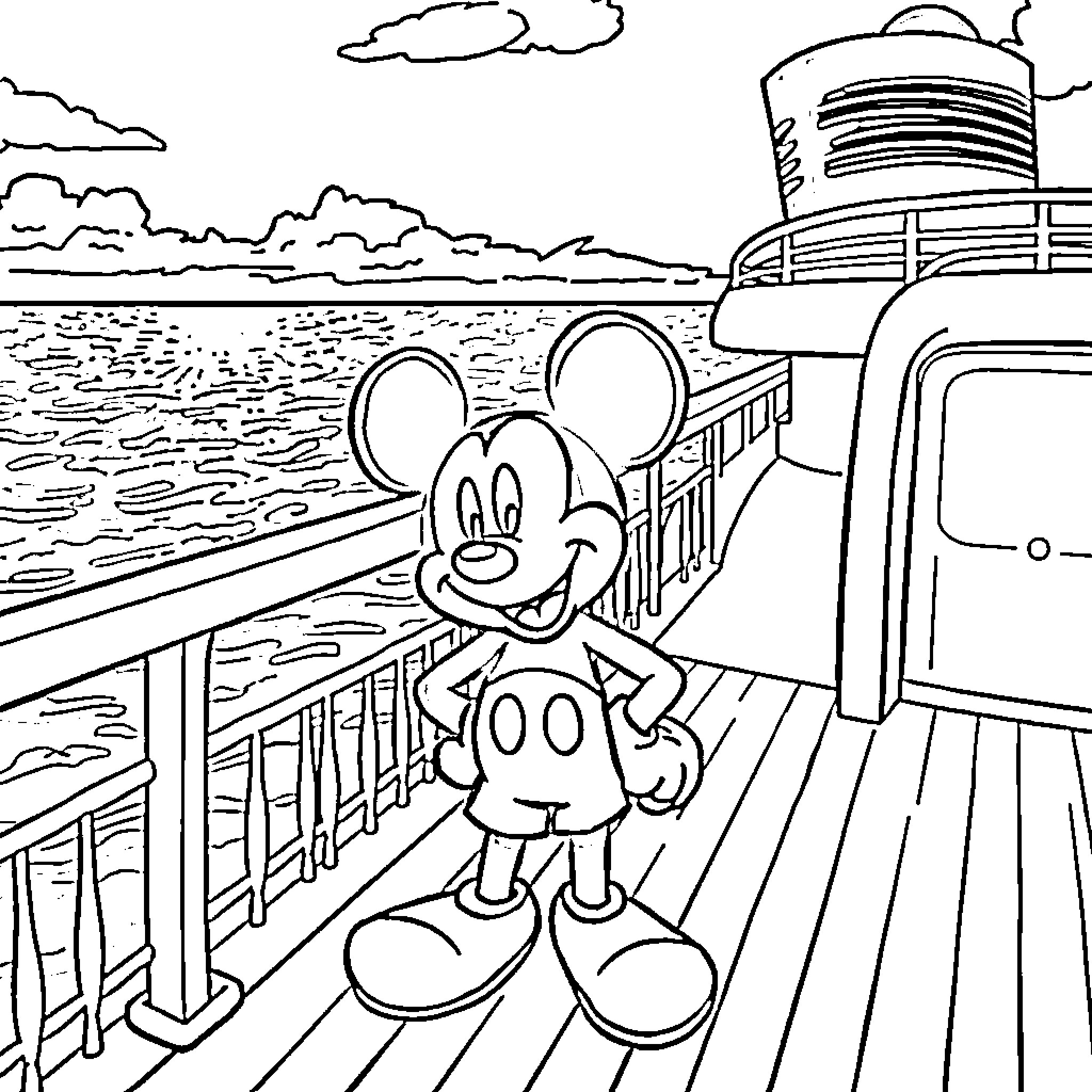 Mickey Mouse enjoying cruise ship ocean view Coloring Page (free black-and-white line drawing printable PDF for all, from beginners to advanced learners, including children, teens, adults, and seniors)