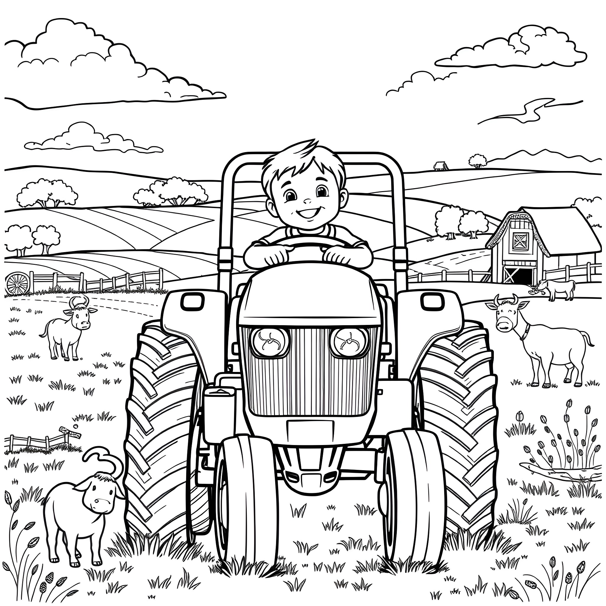 Baby Farmer Driving a Tractor on the Farm Coloring Page (free black-and-white line drawing printable PDF for all, from beginners to advanced learners, including children, teens, adults, and seniors)