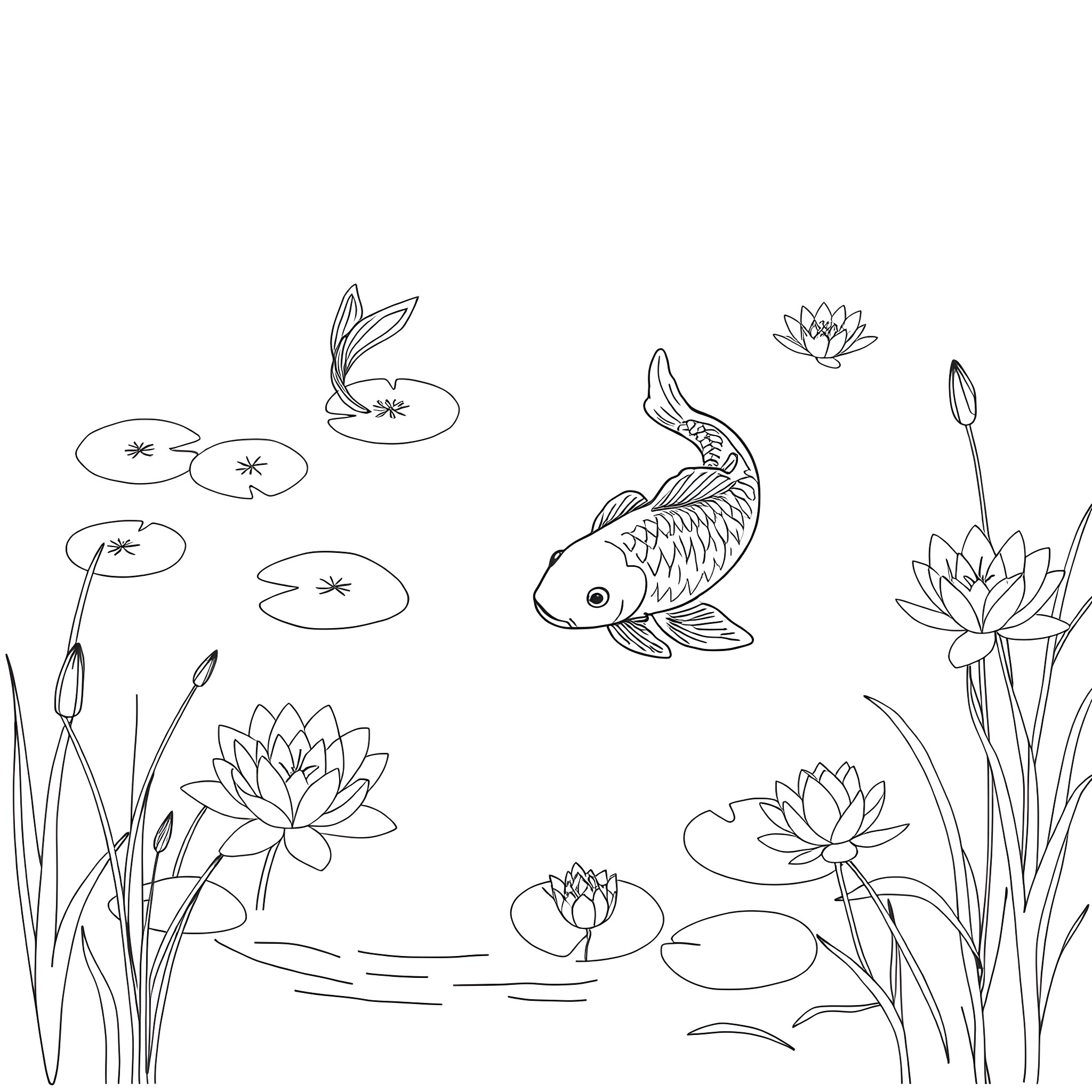 Koi Fish swimming amidst water lilies Coloring Page (free black-and-white line drawing printable PDF for all, from beginners to advanced learners, including children, teens, adults, and seniors)