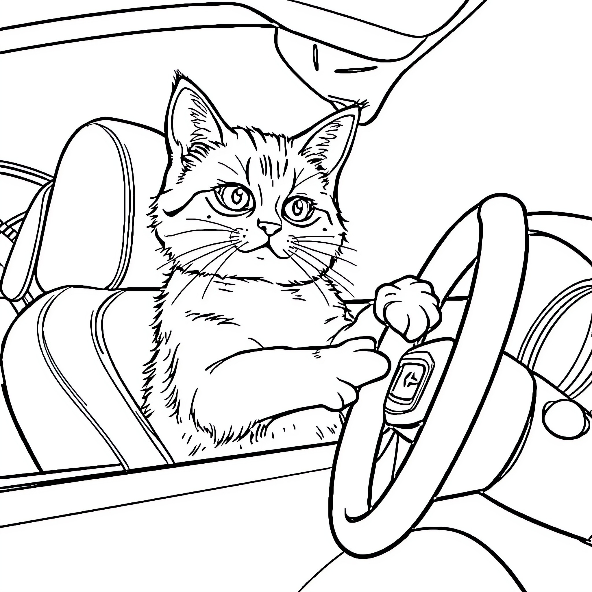 Cat peeking out from car dashboard Coloring Page (free black-and-white line drawing printable PDF for all, from beginners to advanced learners, including children, teens, adults, and seniors)