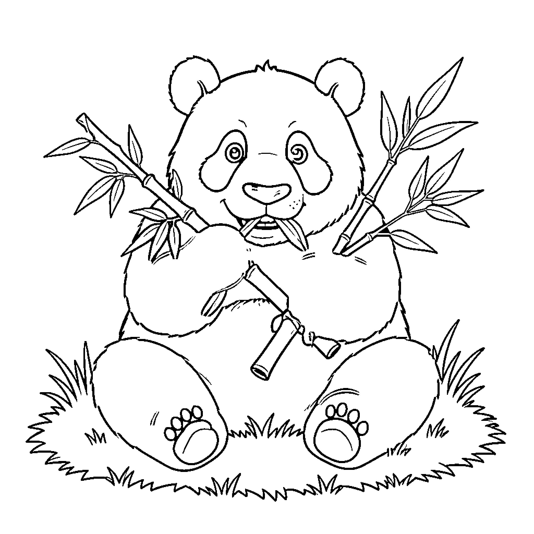 Panda sitting and eating bamboo stalks Coloring Page (free black-and-white line drawing printable PDF for all, from beginners to advanced learners, including children, teens, adults, and seniors)