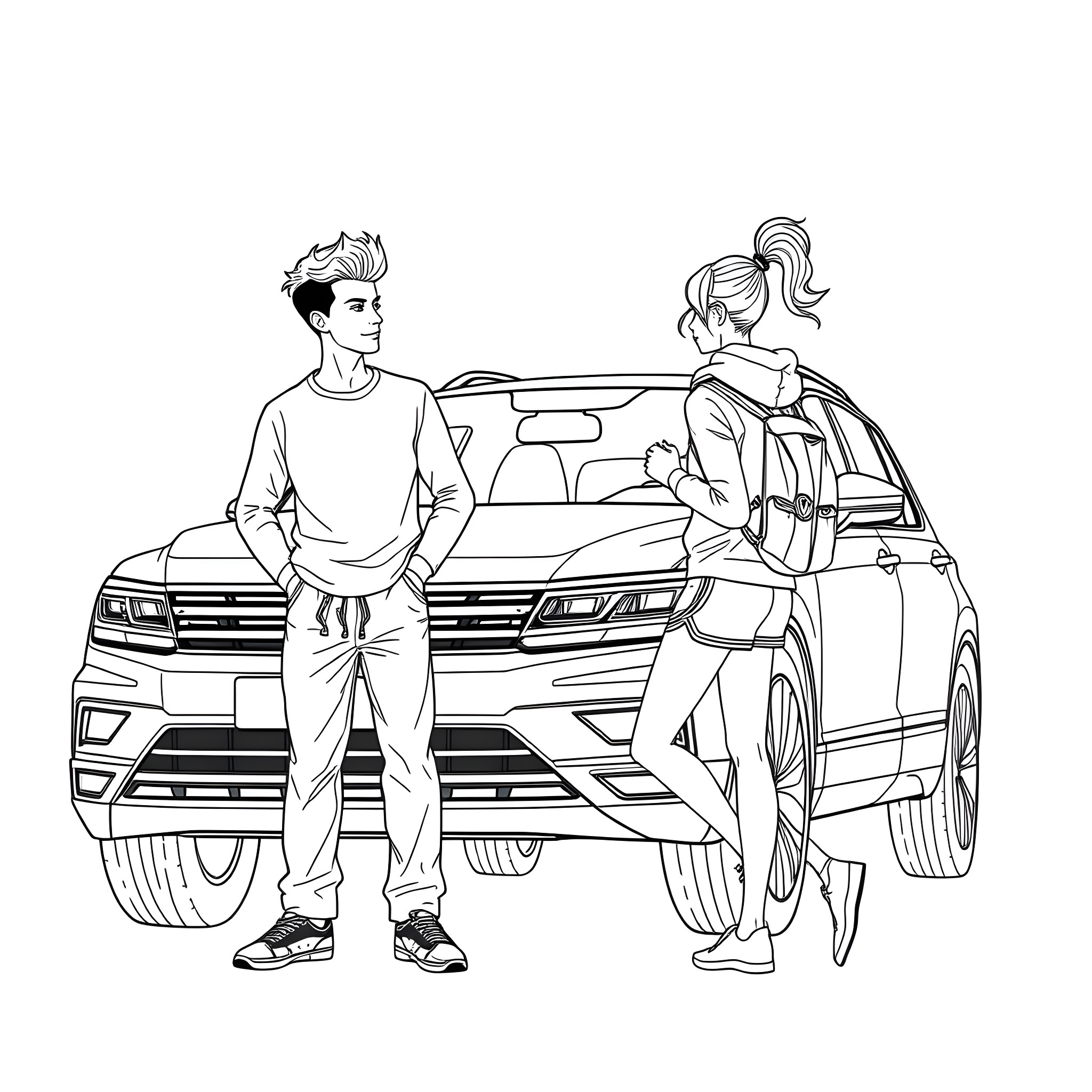 Teen friends chatting near their car Coloring Page (free black-and-white line drawing printable PDF for all, from beginners to advanced learners, including children, teens, adults, and seniors)