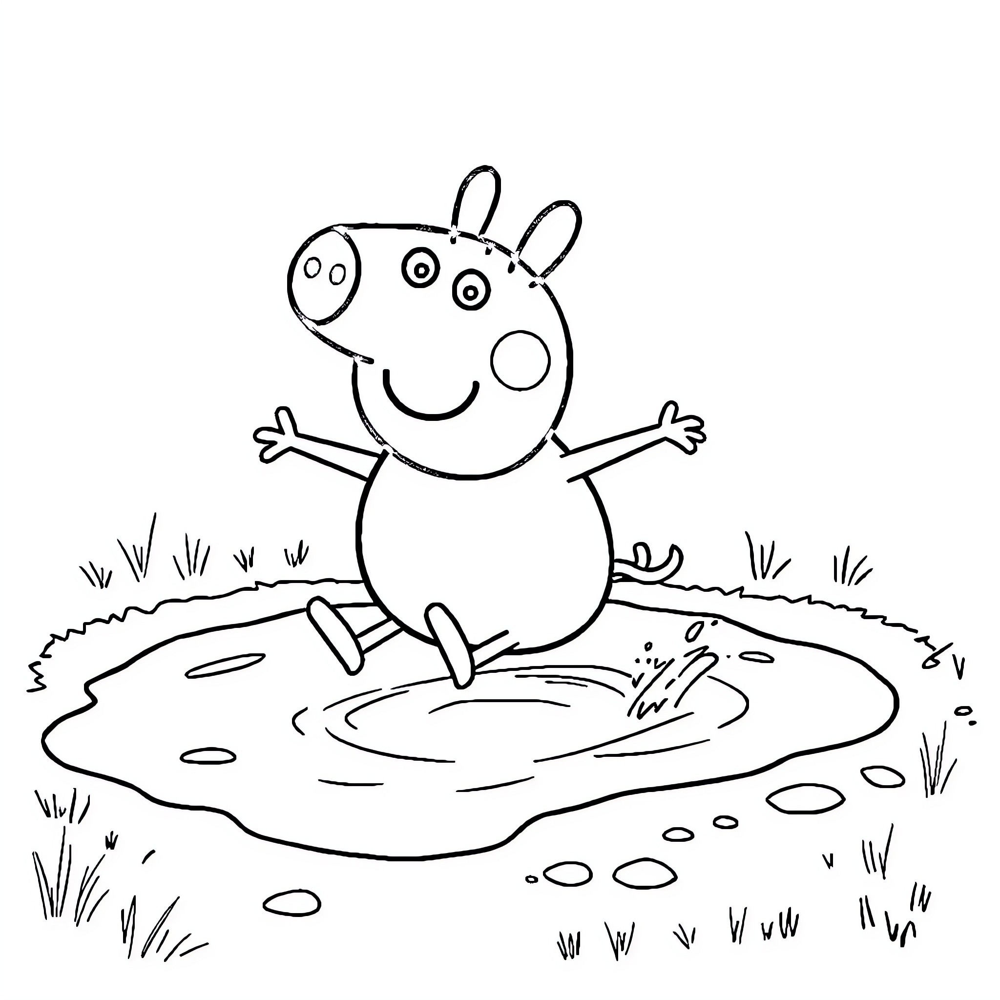 Peppa Pig splashing in a puddle Coloring Page (free black-and-white line drawing printable PDF for all, from beginners to advanced learners, including children, teens, adults, and seniors)