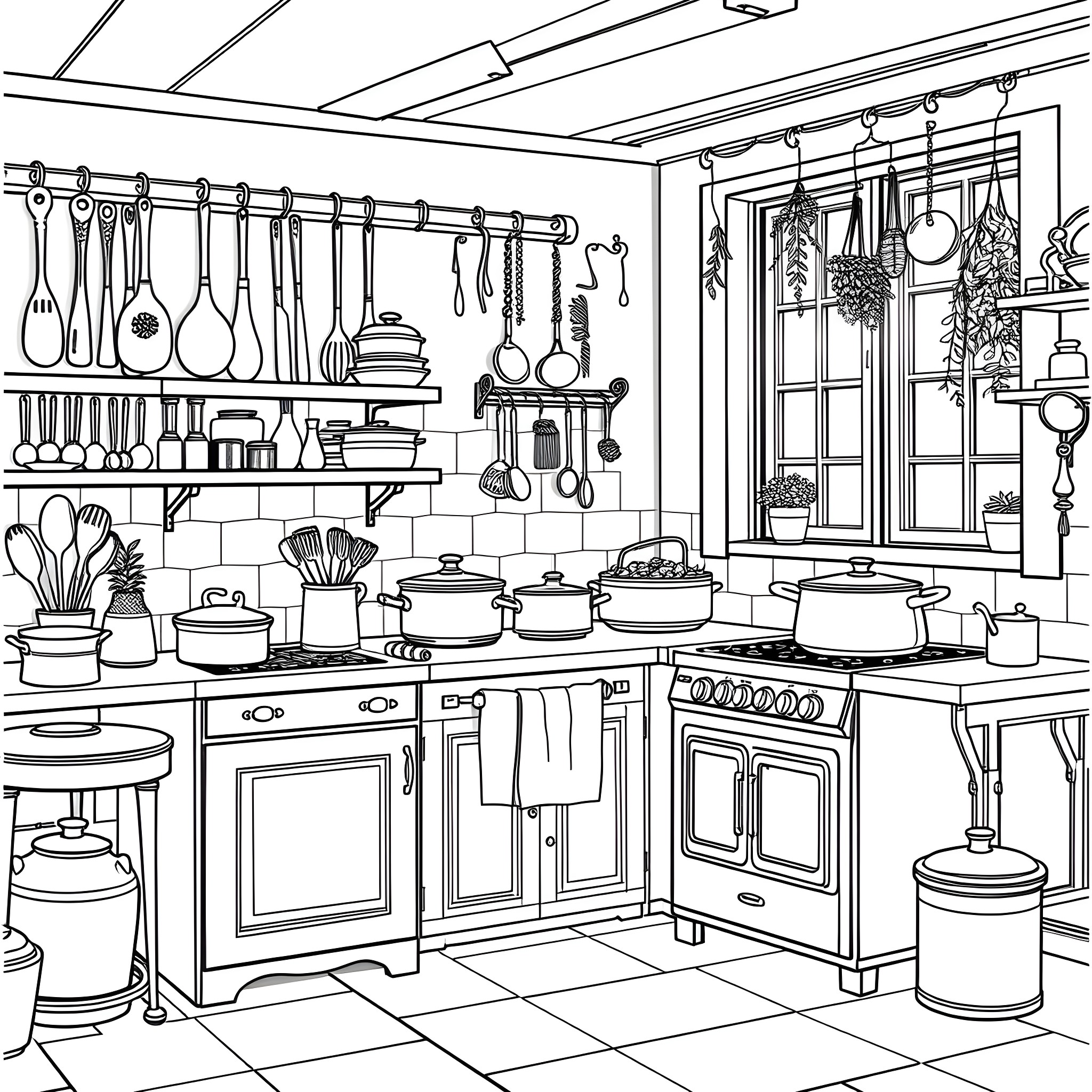Kitchen full of cooking utensils and appliances Coloring Page (free black-and-white line drawing printable PDF for all, from beginners to advanced learners, including children, teens, adults, and seniors)