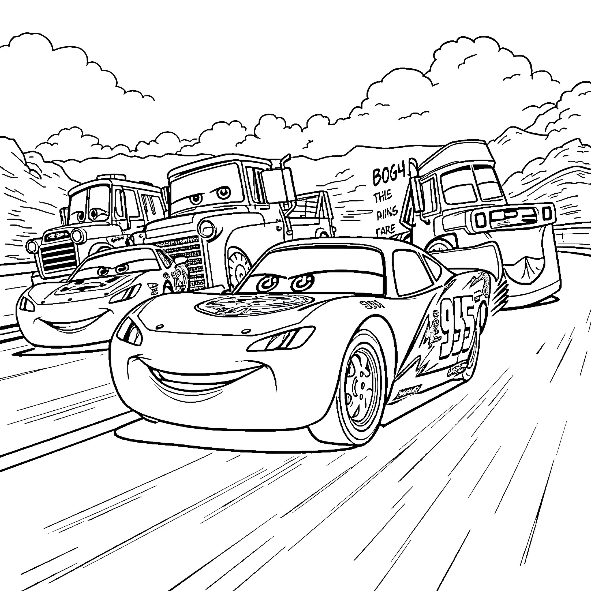 Car Race with Cartoon Characters in Motion Coloring Page (free black-and-white line drawing printable PDF for all, from beginners to advanced learners, including children, teens, adults, and seniors)