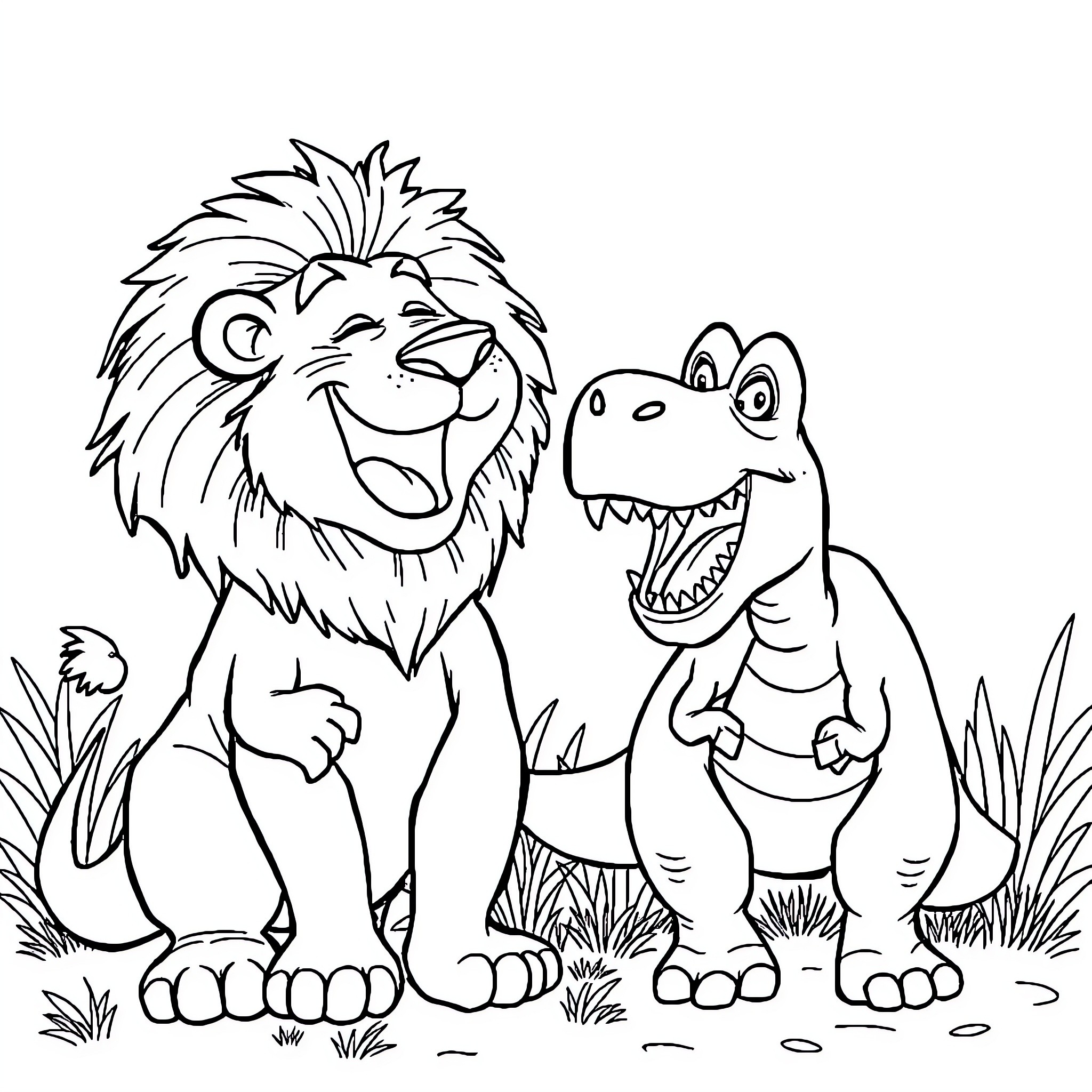 Lion and Dinosaur Playing Together in Nature Coloring Page (free black-and-white line drawing printable PDF for all, from beginners to advanced learners, including children, teens, adults, and seniors)