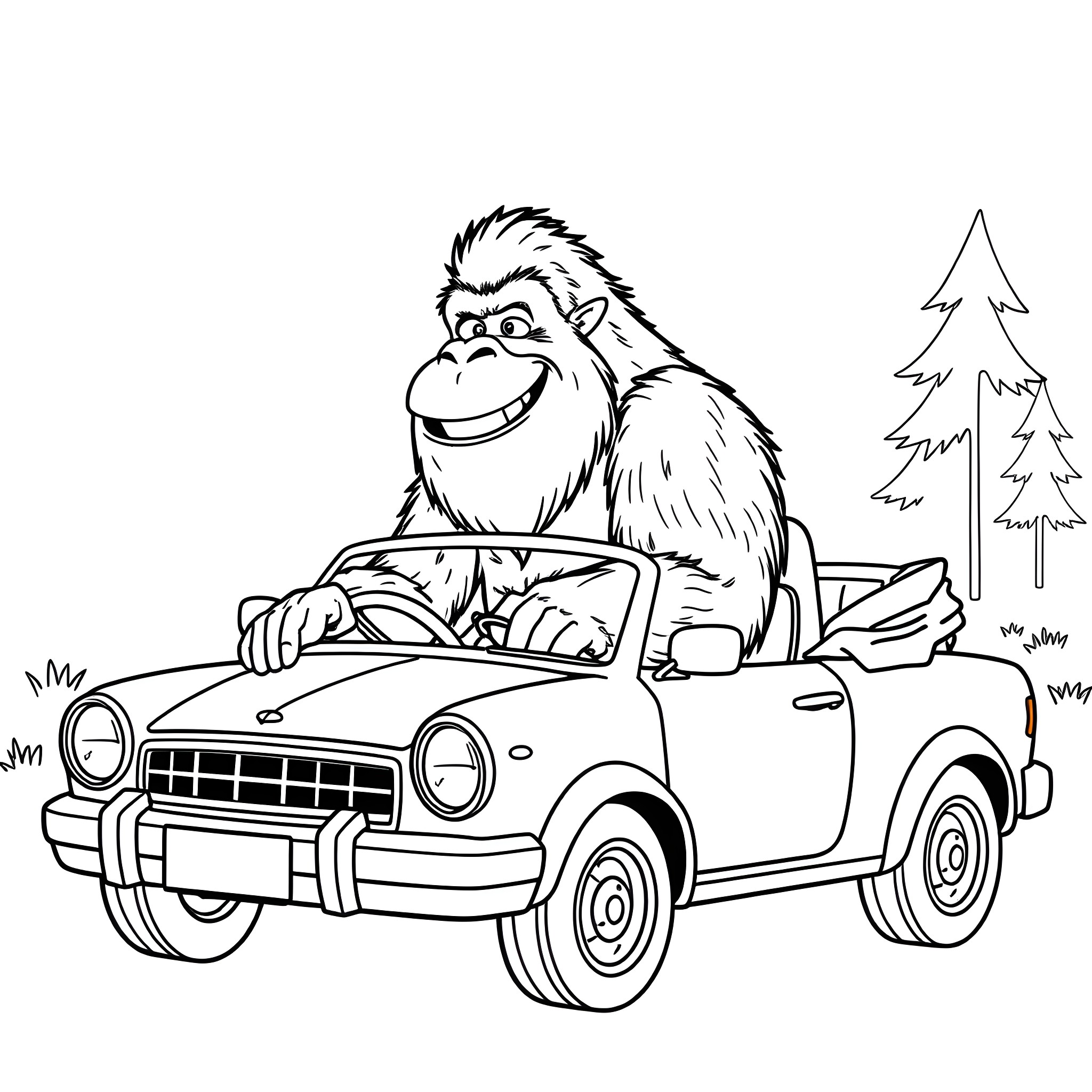 Bigfoot driving a vintage car in the woods Coloring Page (free black-and-white line drawing printable PDF for all, from beginners to advanced learners, including children, teens, adults, and seniors)