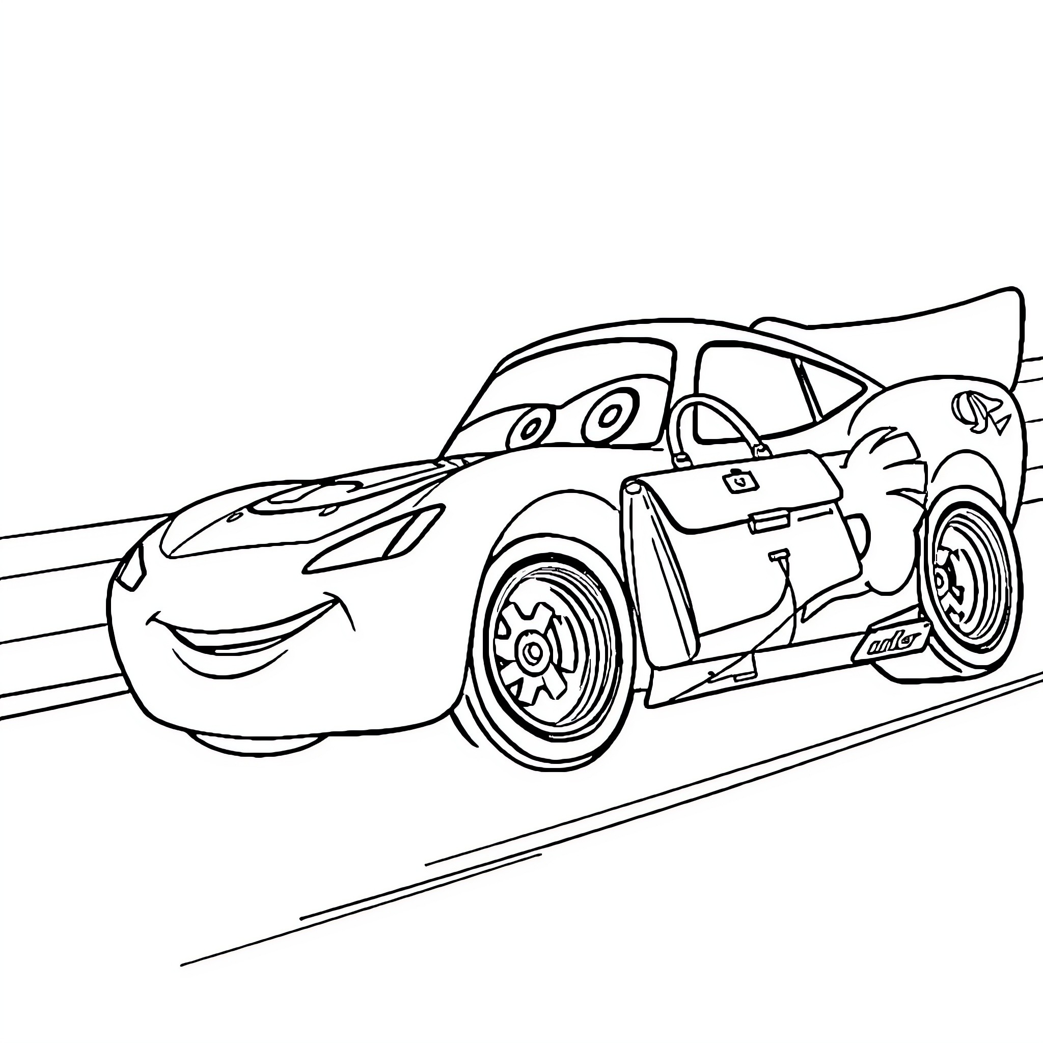 Flash McQueen racing down the track Coloring Page (free black-and-white line drawing printable PDF for all, from beginners to advanced learners, including children, teens, adults, and seniors)