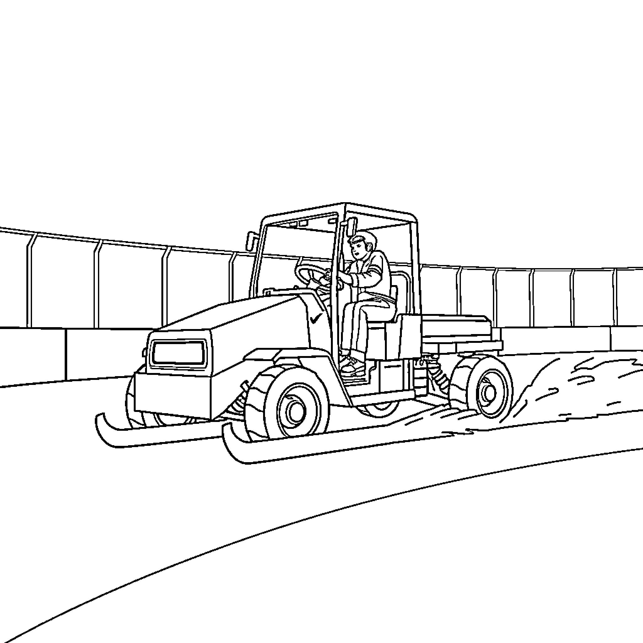 Zamboni driver resurfacing ice rink Coloring Page (free black-and-white line drawing printable PDF for all, from beginners to advanced learners, including children, teens, adults, and seniors)