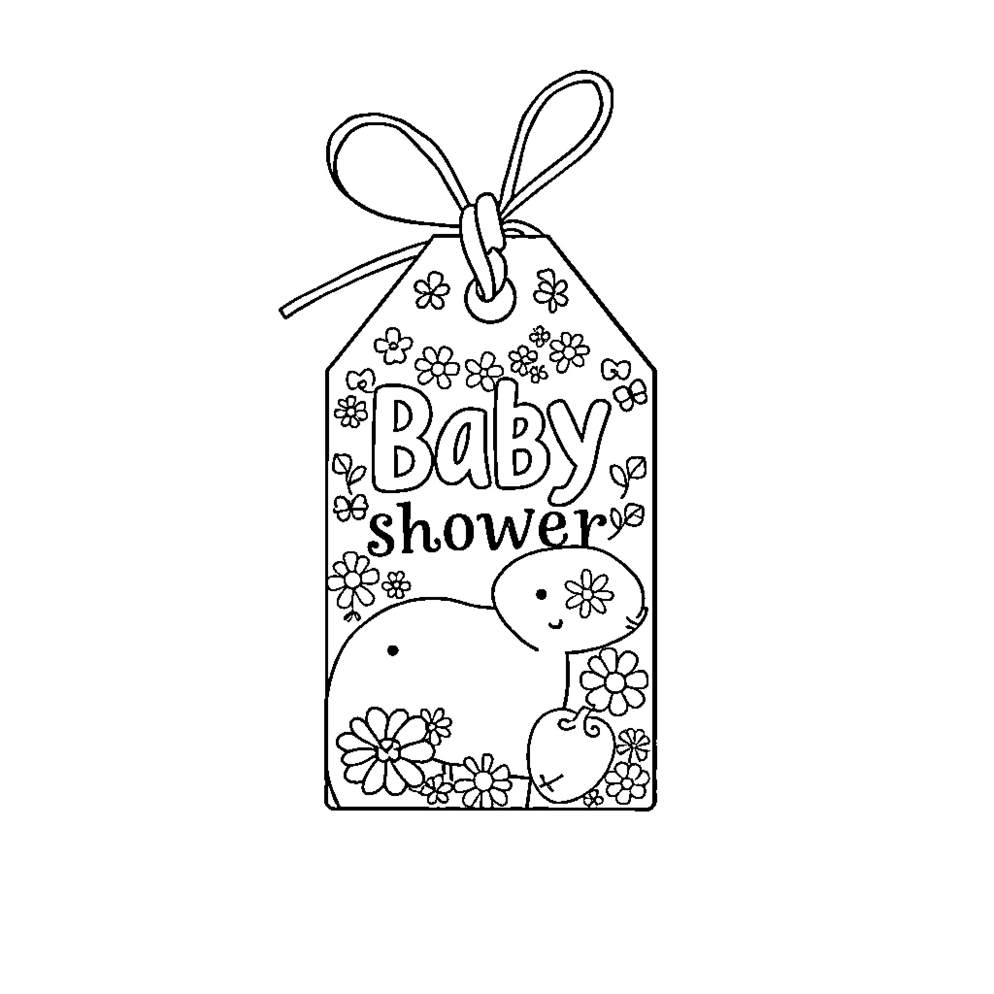 Gift Tag for Baby Shower with Flowers and Cute Animals Coloring Page (free black-and-white line drawing printable PDF for all, from beginners to advanced learners, including children, teens, adults, and seniors)