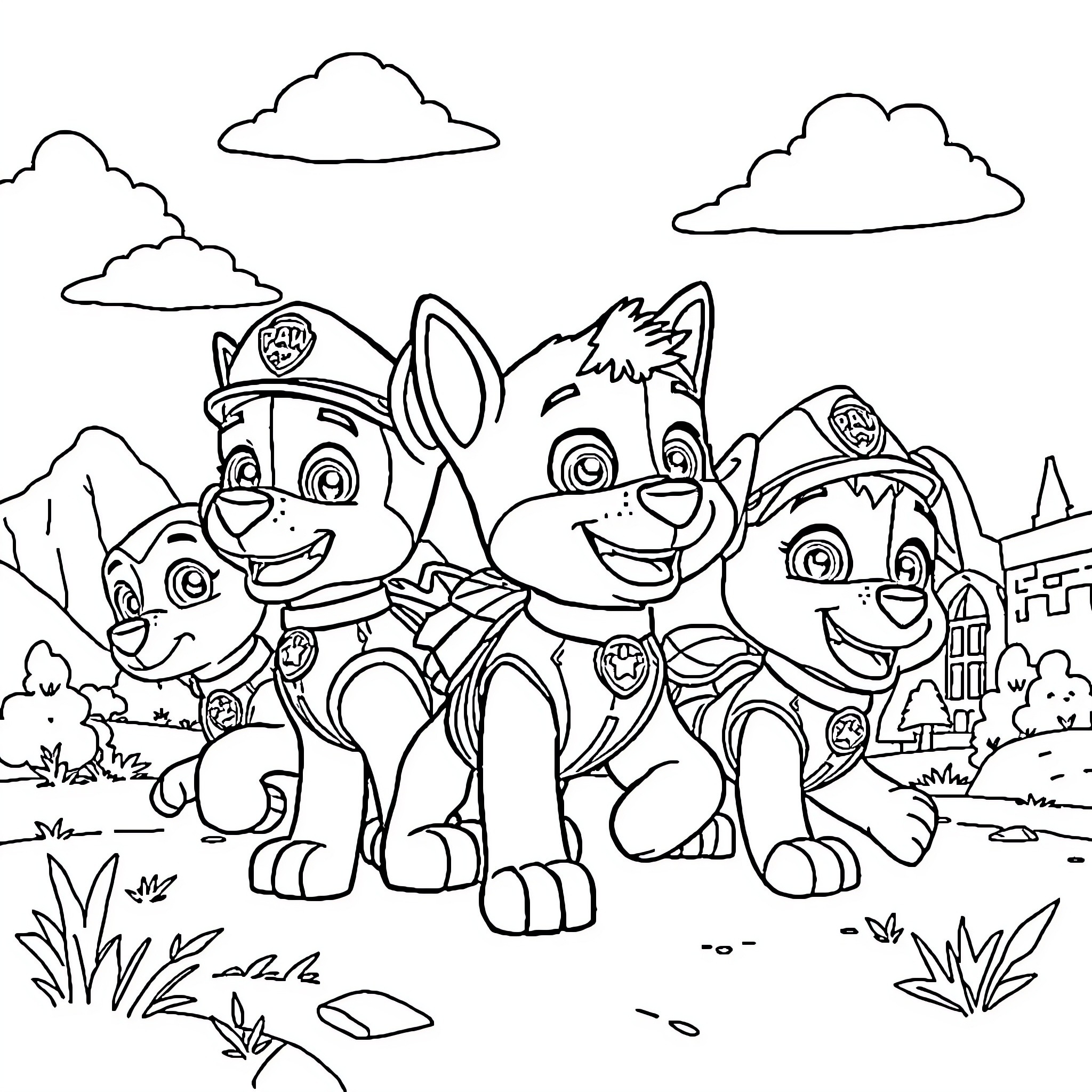 Paw Patrol Pups on Exciting Adventure Coloring Page (free black-and-white line drawing printable PDF for all, from beginners to advanced learners, including children, teens, adults, and seniors)