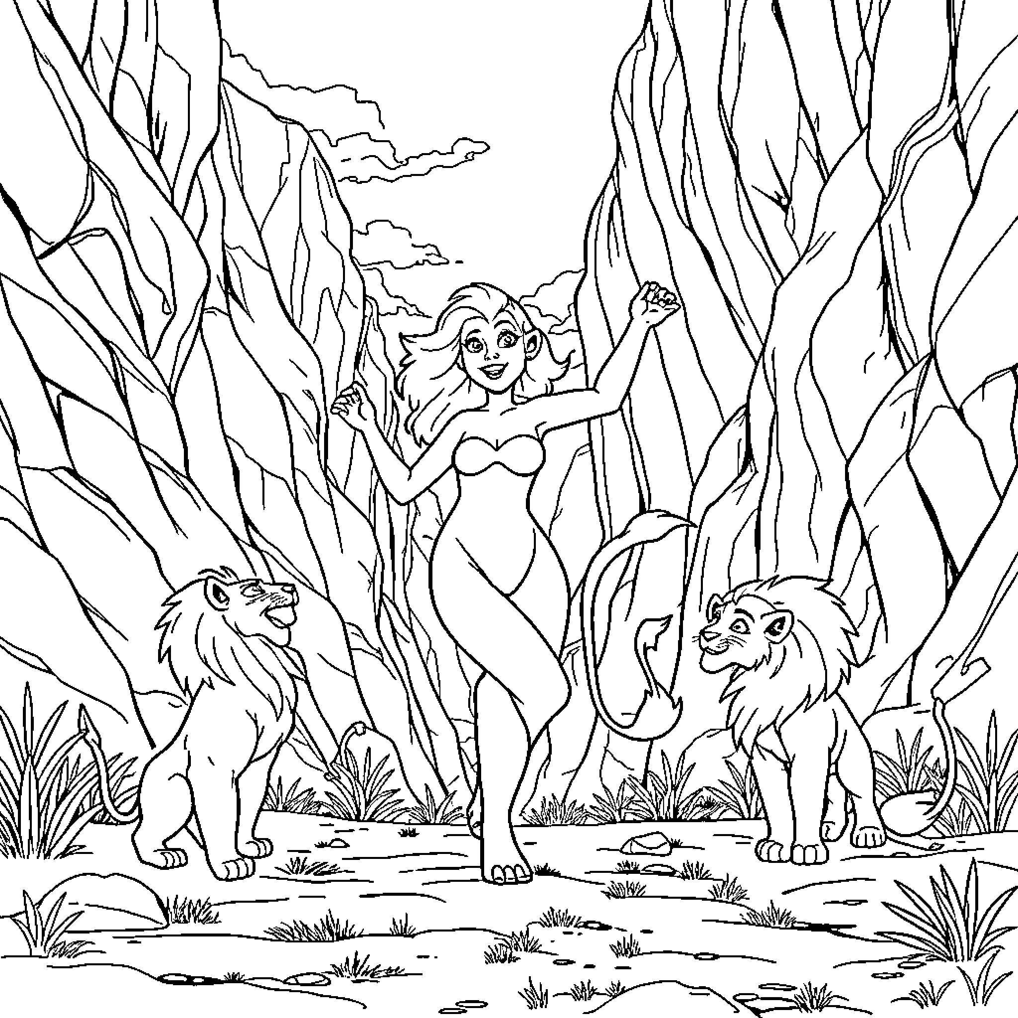Mufasa's kingdom: Lionesses, mermaids and crystal caves Coloring Page (free black-and-white line drawing printable PDF for all, from beginners to advanced learners, including children, teens, adults, and seniors)