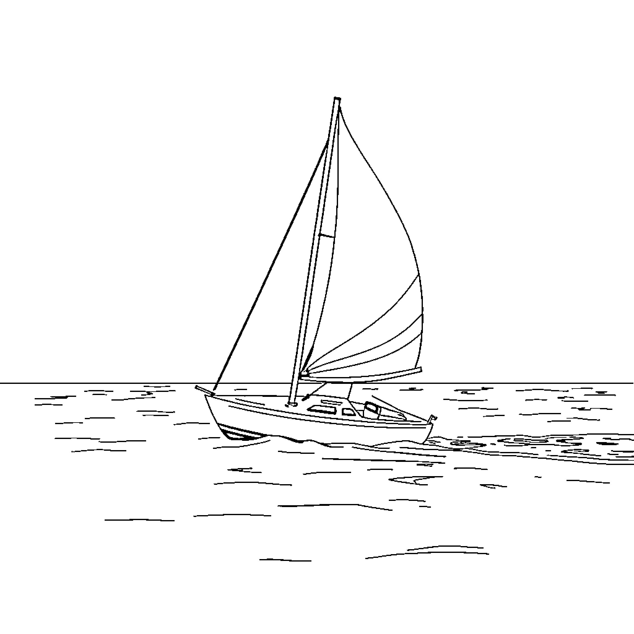 Optimist sailing solo on the open water Coloring Page (free black-and-white line drawing printable PDF for all, from beginners to advanced learners, including children, teens, adults, and seniors)