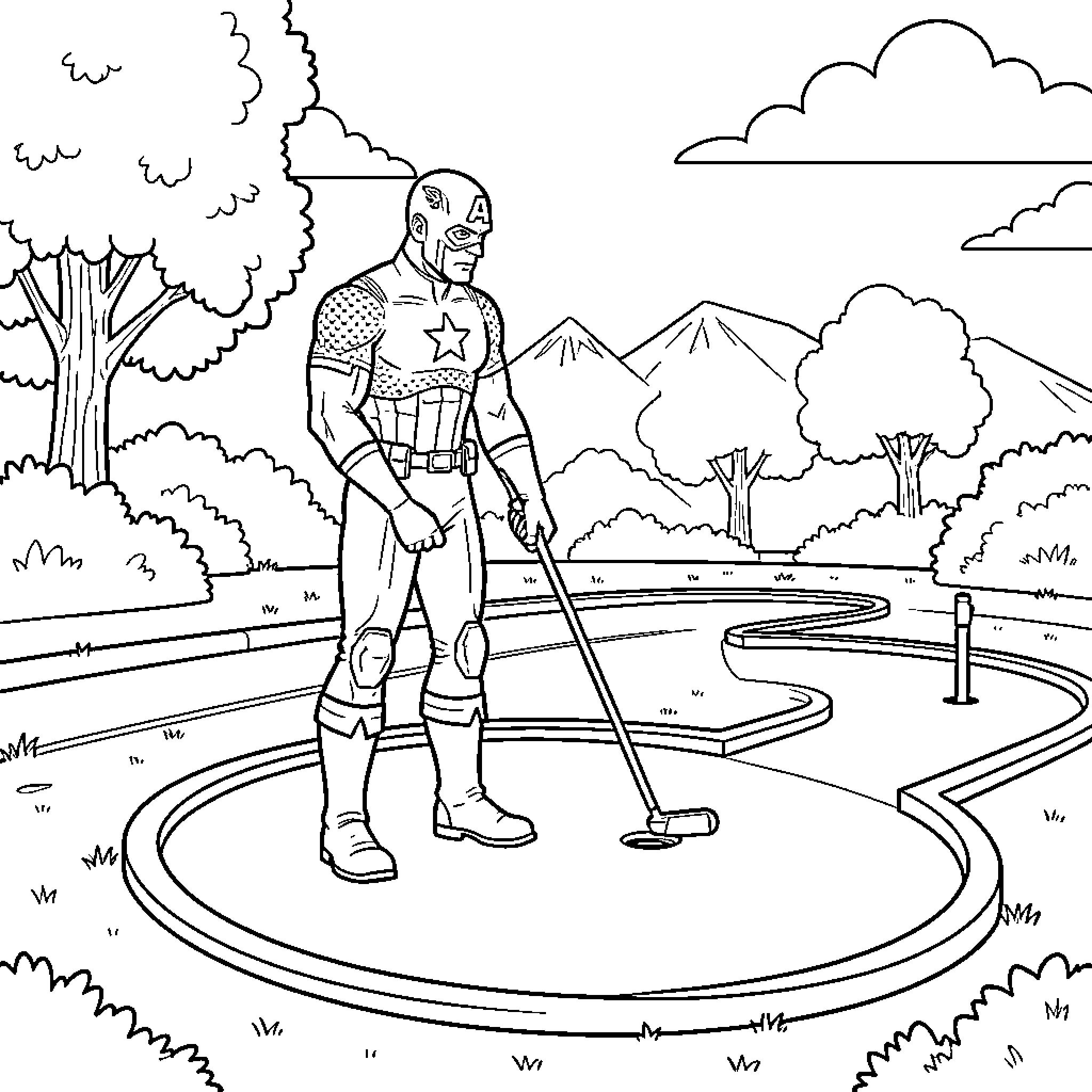 Captain America playing mini golf in a park Coloring Page (free black-and-white line drawing printable PDF for all, from beginners to advanced learners, including children, teens, adults, and seniors)