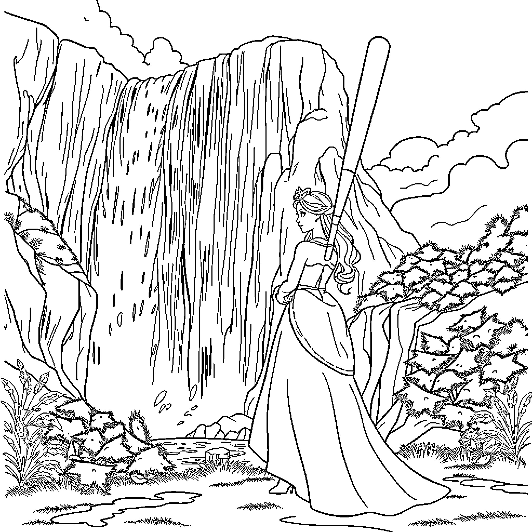 Princess exploring the enchanting waterfall landscape Coloring Page (free black-and-white line drawing printable PDF for all, from beginners to advanced learners, including children, teens, adults, and seniors)