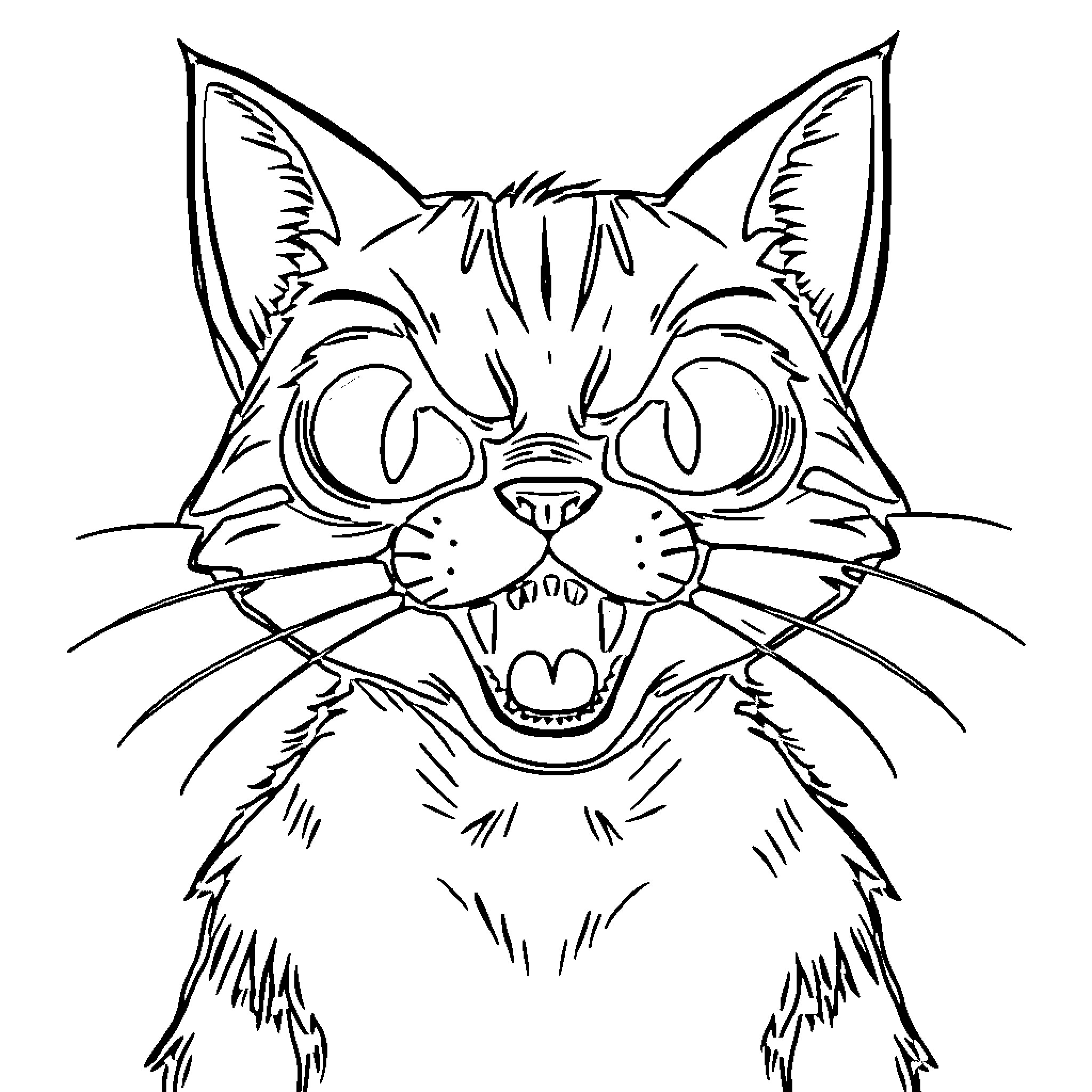 Cat with a Spooky Expression Coloring Page (free black-and-white line drawing printable PDF for all, from beginners to advanced learners, including children, teens, adults, and seniors)