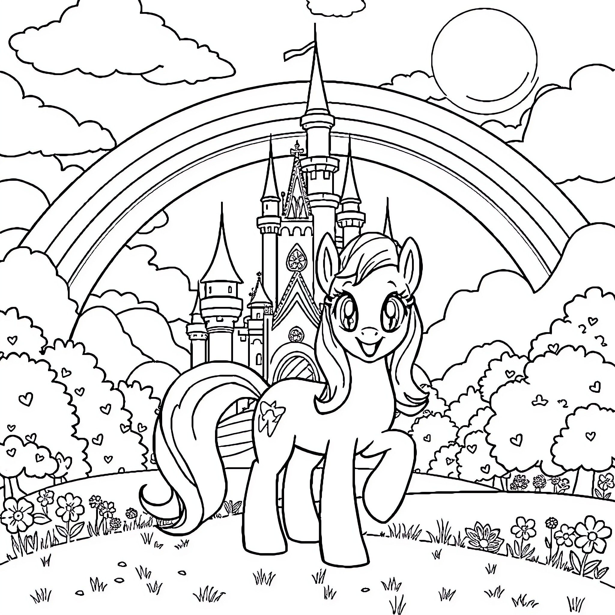 Pony exploring a magical castle Coloring Page (free black-and-white line drawing printable PDF for all, from beginners to advanced learners, including children, teens, adults, and seniors)