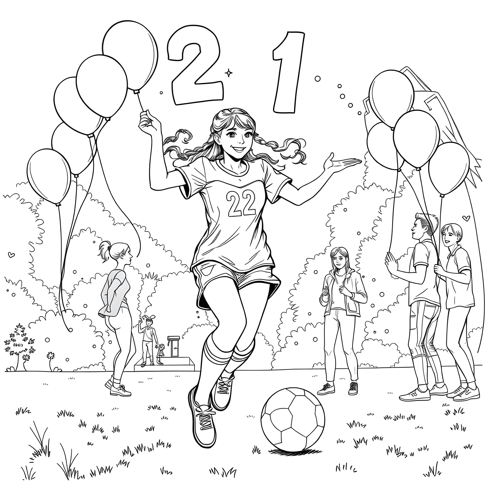 Soccer Player celebrating victory with team Coloring Page (free black-and-white line drawing printable PDF for all, from beginners to advanced learners, including children, teens, adults, and seniors)