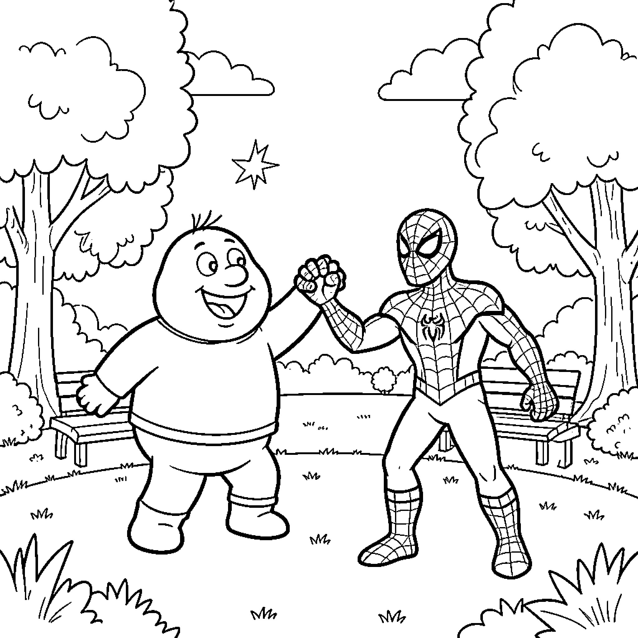 Barbapapa high fiving Spider-Man in a park Coloring Page (free black-and-white line drawing printable PDF for all, from beginners to advanced learners, including children, teens, adults, and seniors)