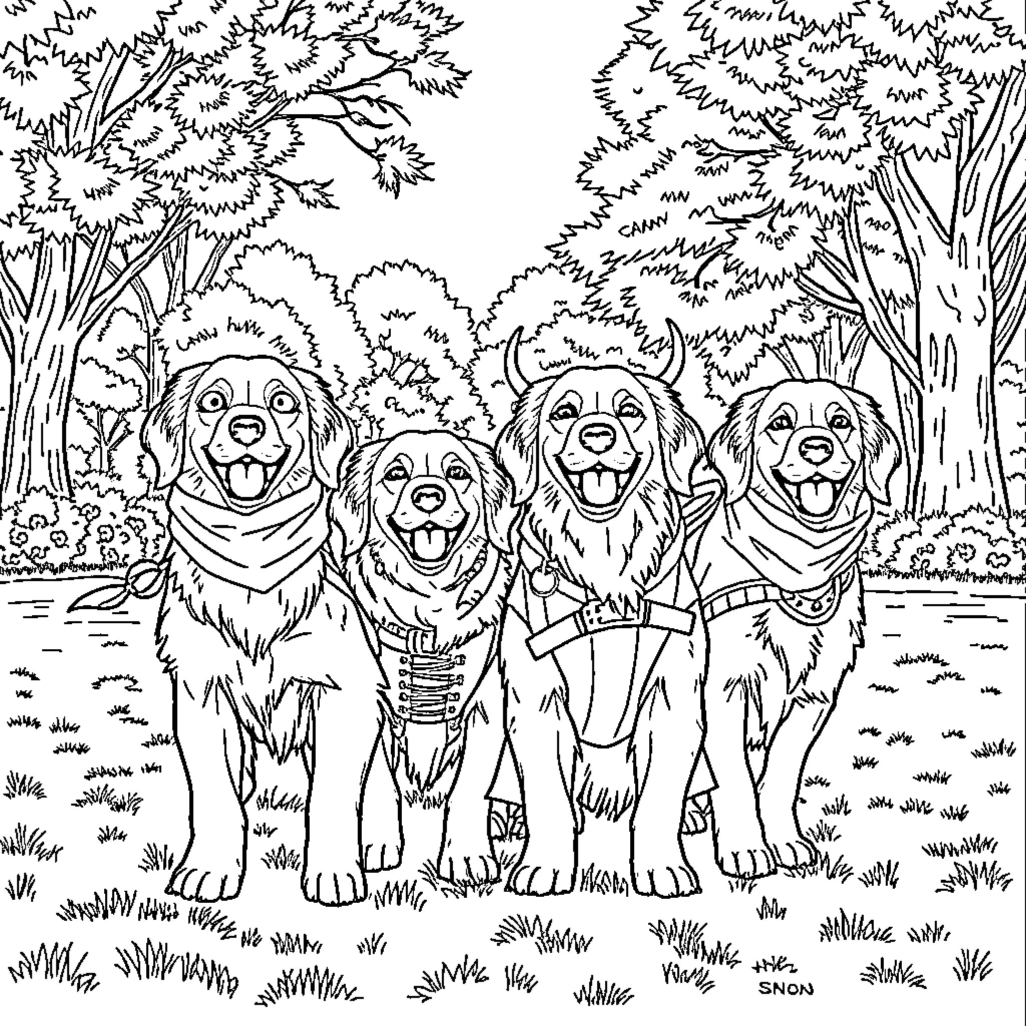 Golden Retriever Friends in the Wilderness Coloring Page (free black-and-white line drawing printable PDF for all, from beginners to advanced learners, including children, teens, adults, and seniors)