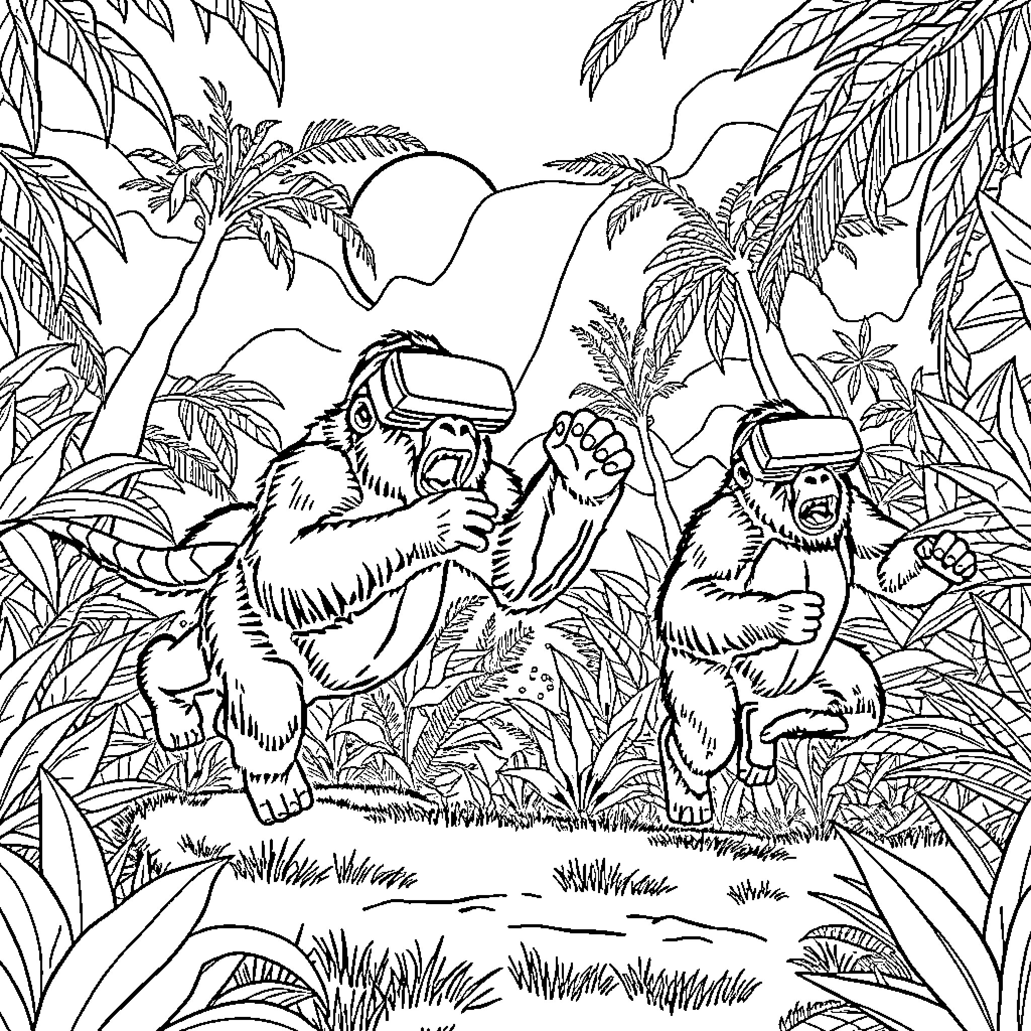 Gorillas exploring the tropical jungle Coloring Page (free black-and-white line drawing printable PDF for all, from beginners to advanced learners, including children, teens, adults, and seniors)
