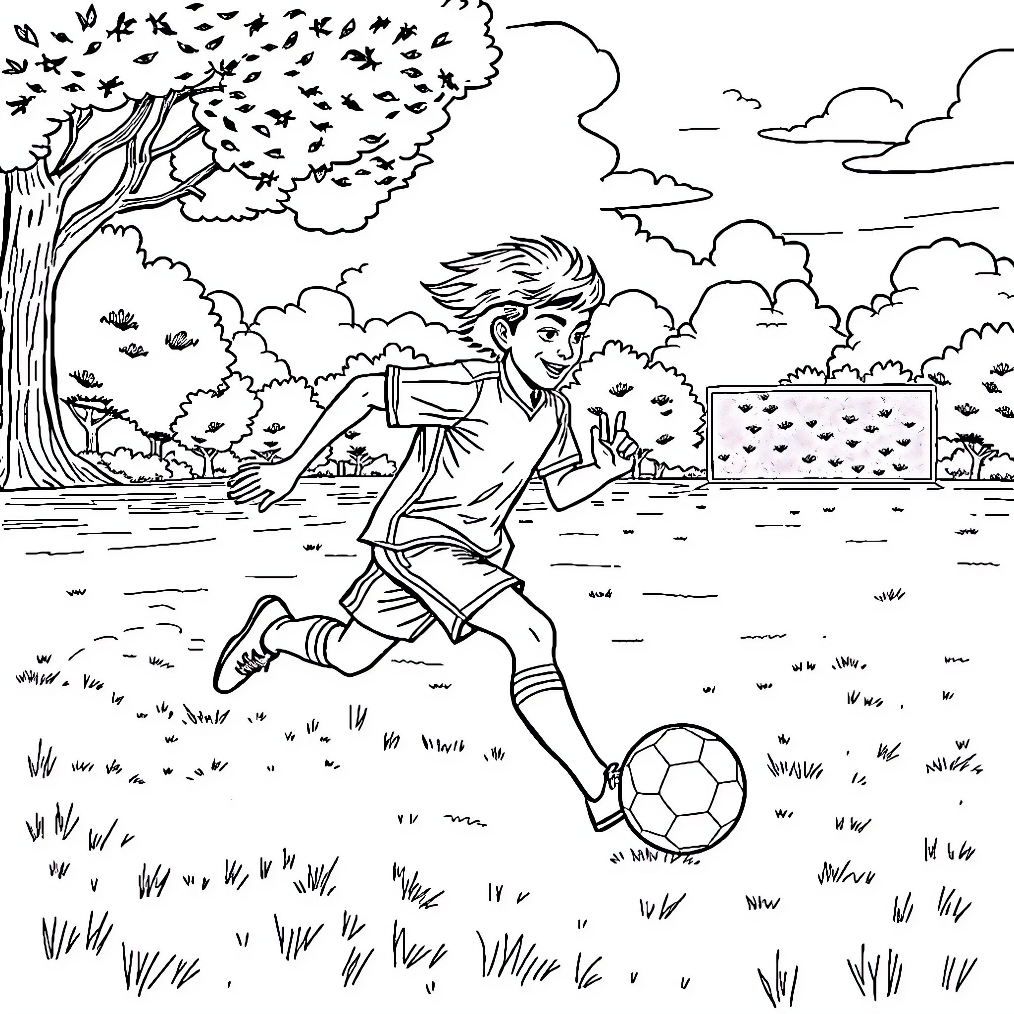 Loco boy playing joyfully with soccer ball Coloring Page (free black-and-white line drawing printable PDF for all, from beginners to advanced learners, including children, teens, adults, and seniors)
