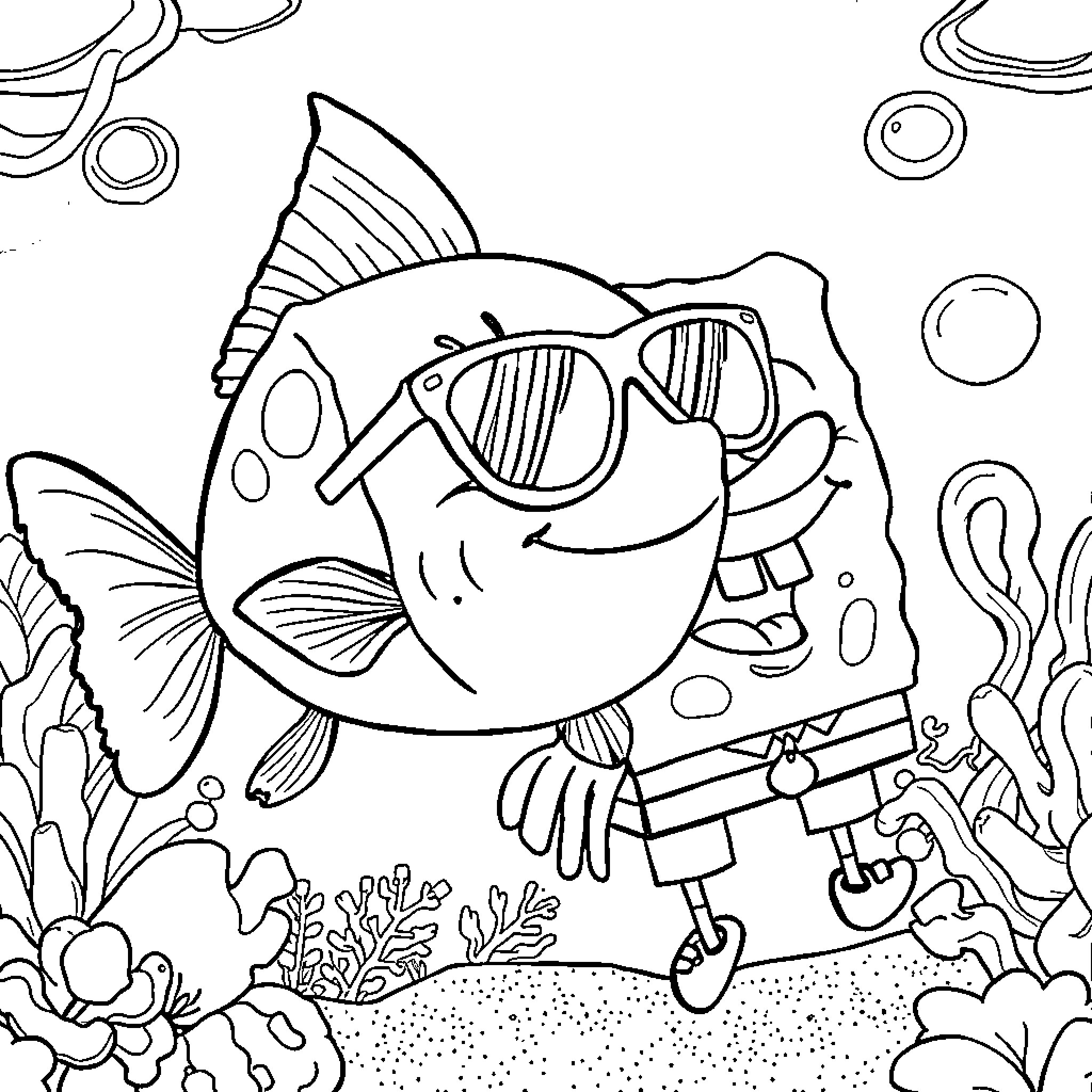 Goldfish wearing sunglasses and celebrating under the sea Coloring Page (free black-and-white line drawing printable PDF for all, from beginners to advanced learners, including children, teens, adults, and seniors)