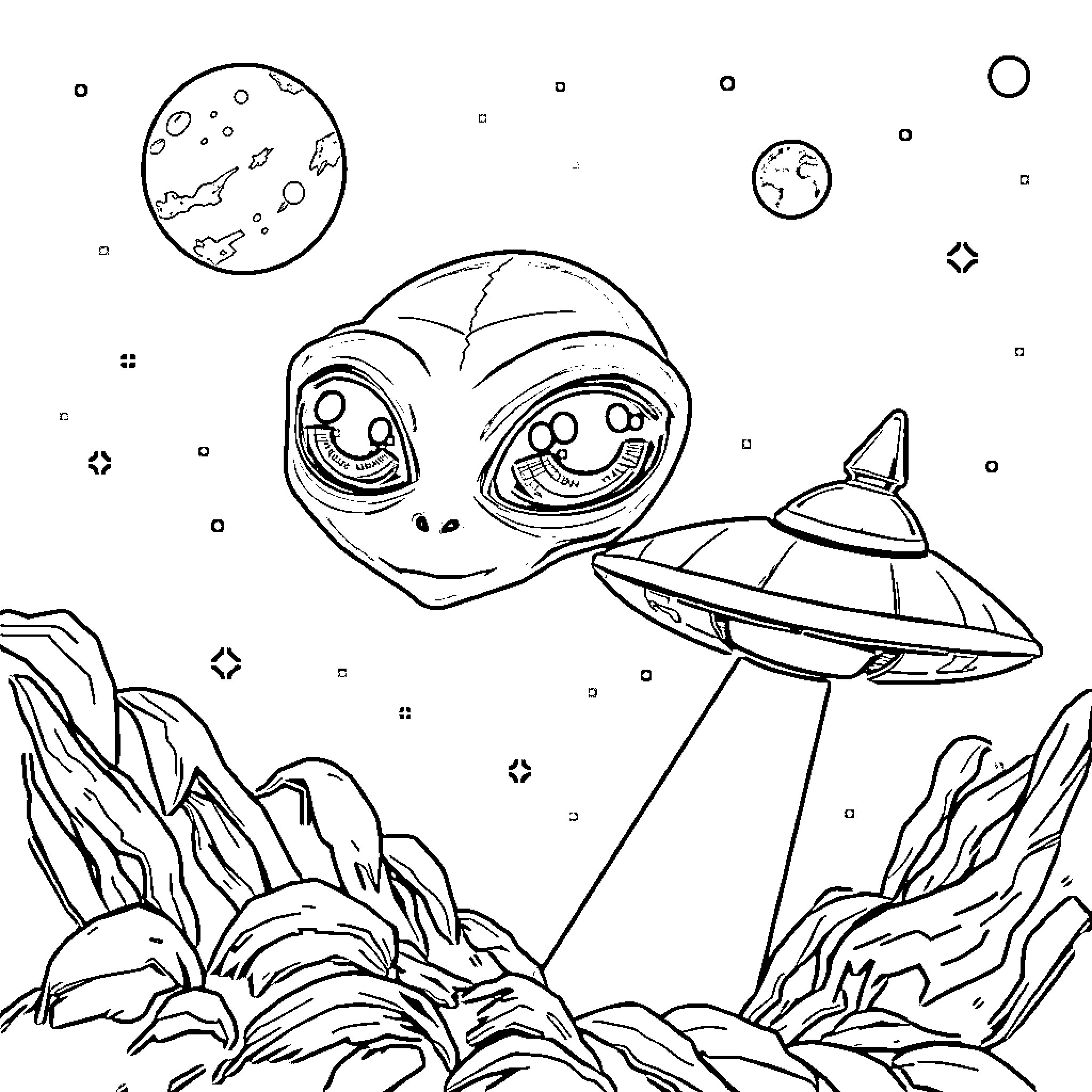Alien Encounters Unusual Space Craft in Extraterrestrial Landscape Coloring Page (free black-and-white line drawing printable PDF for all, from beginners to advanced learners, including children, teens, adults, and seniors)