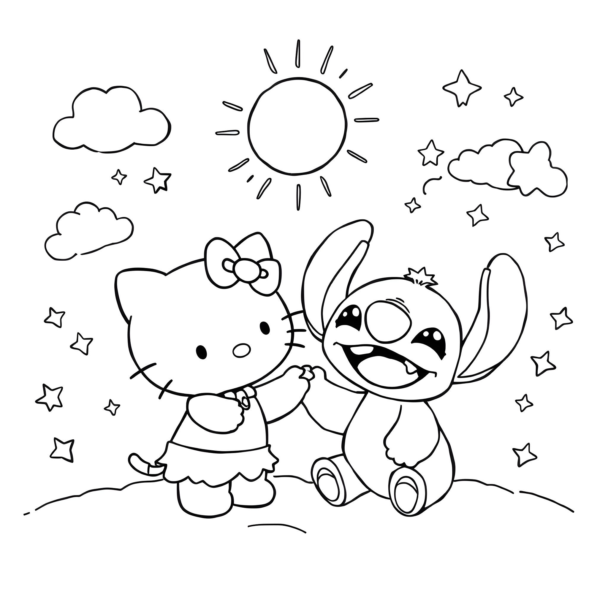 Hello Kitty playing with Stitch under the sunny sky Coloring Page (free black-and-white line drawing printable PDF for all, from beginners to advanced learners, including children, teens, adults, and seniors)