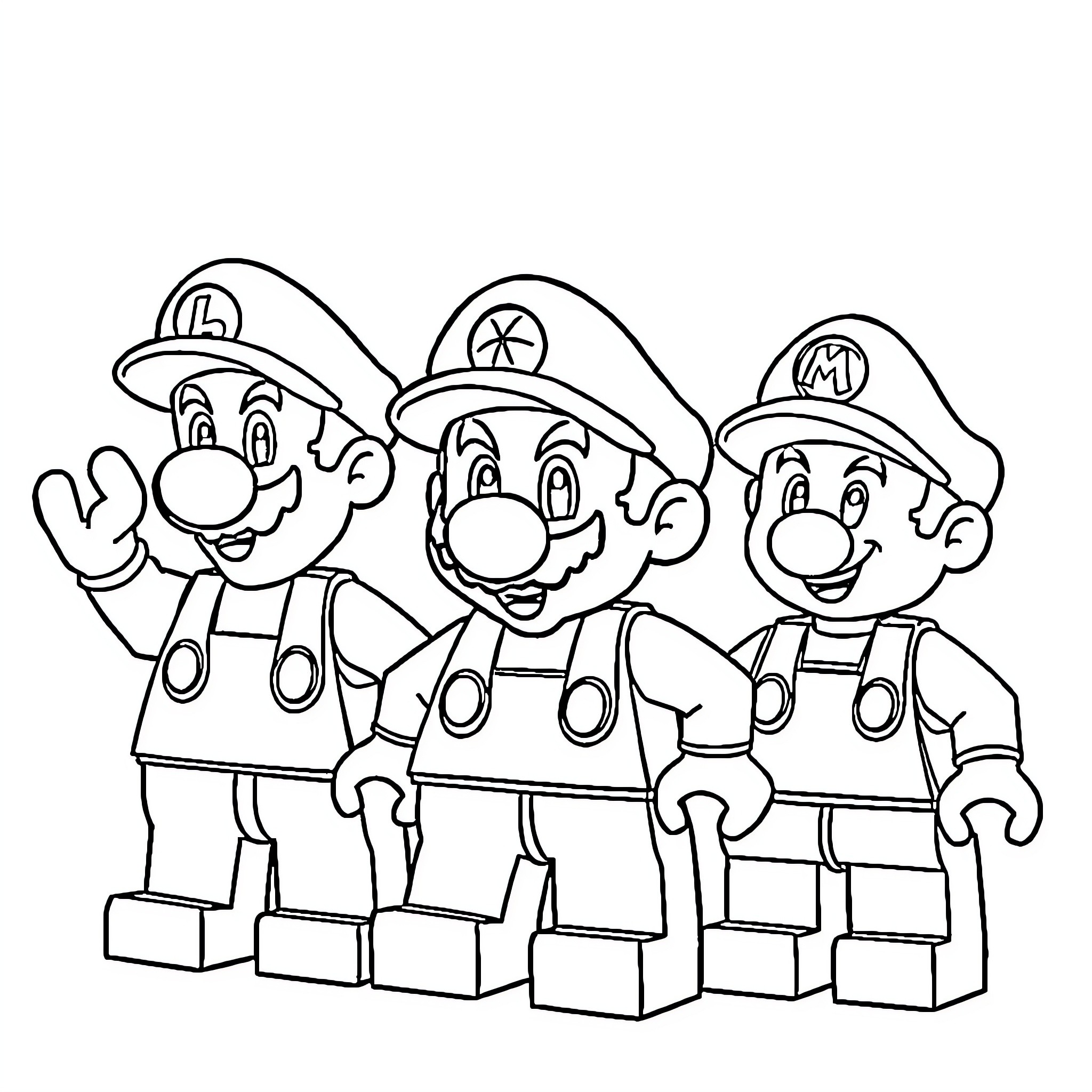 Lego plumber characters posing in uniform Coloring Page (free black-and-white line drawing printable PDF for all, from beginners to advanced learners, including children, teens, adults, and seniors)
