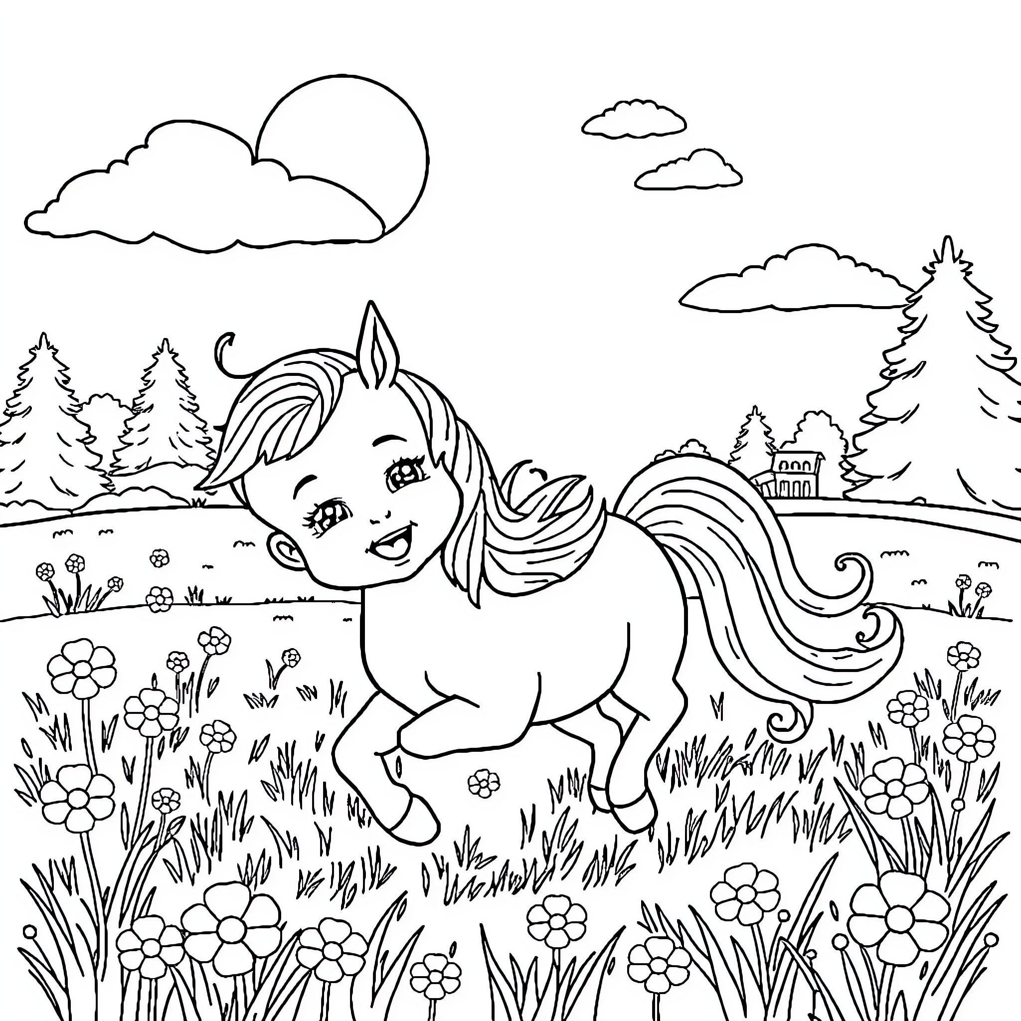 Baby pony playing joyfully in flowery meadow Coloring Page (free black-and-white line drawing printable PDF for all, from beginners to advanced learners, including children, teens, adults, and seniors)