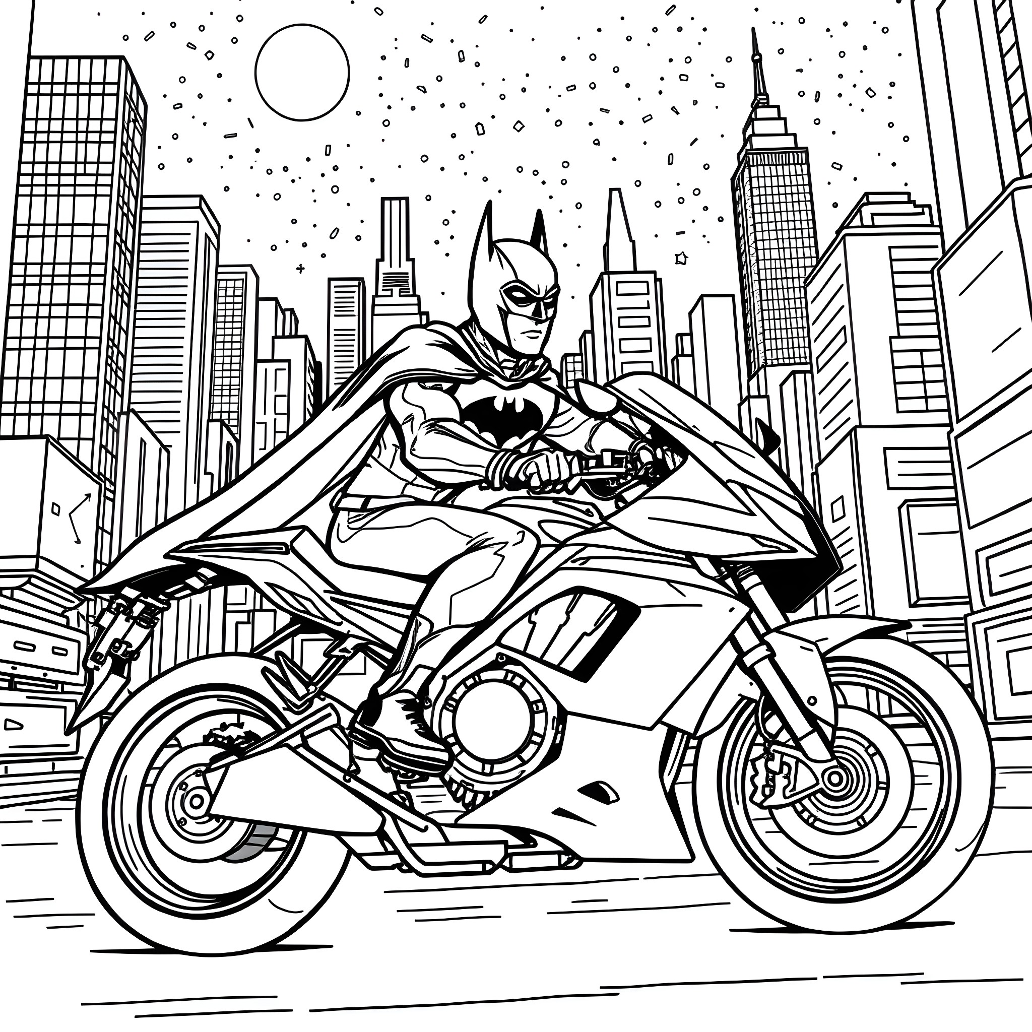 Batman speeding on a futuristic motorcycle in the city Coloring Page (free black-and-white line drawing printable PDF for all, from beginners to advanced learners, including children, teens, adults, and seniors)