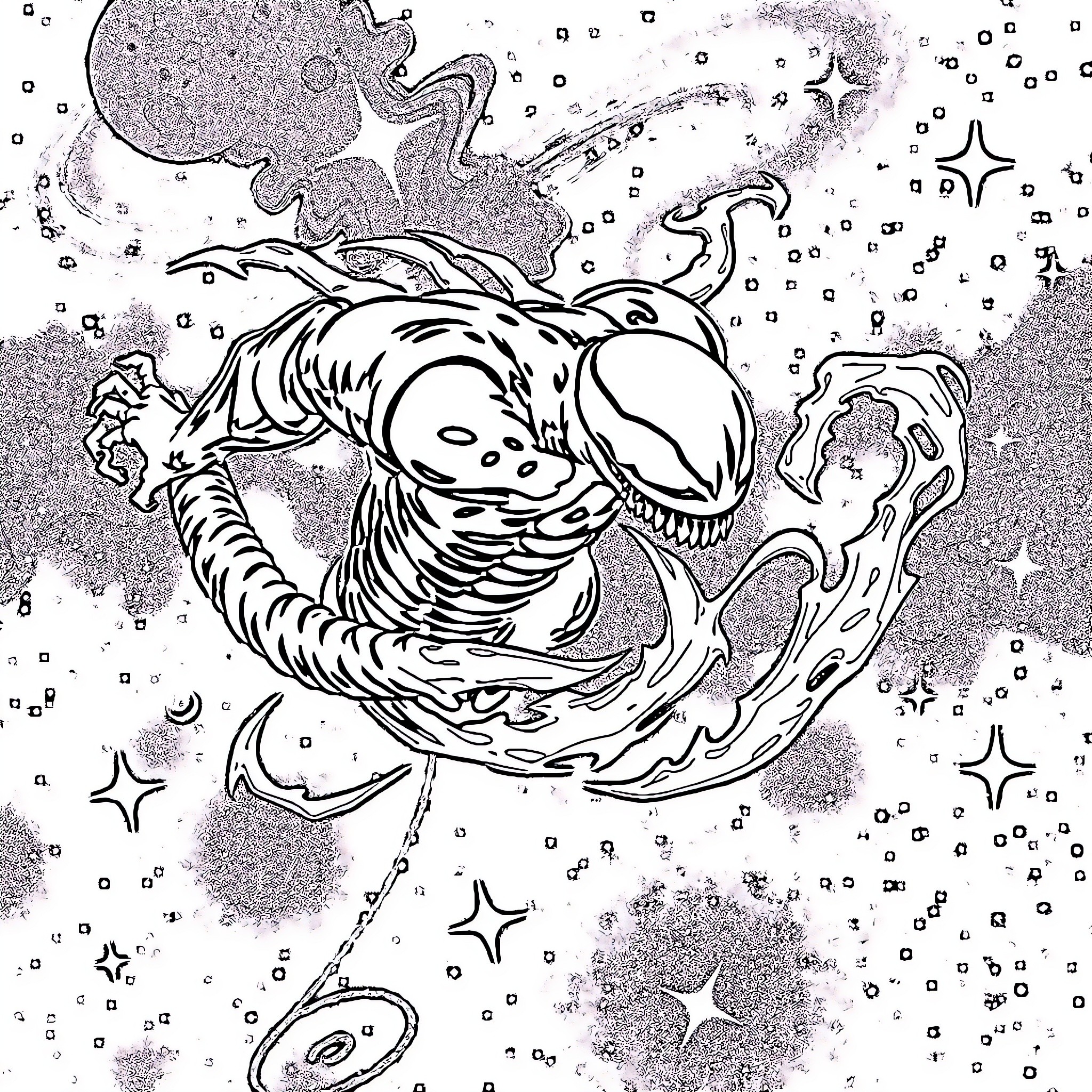 Venom Creature in Cosmic Realm Coloring Page (free black-and-white line drawing printable PDF for all, from beginners to advanced learners, including children, teens, adults, and seniors)