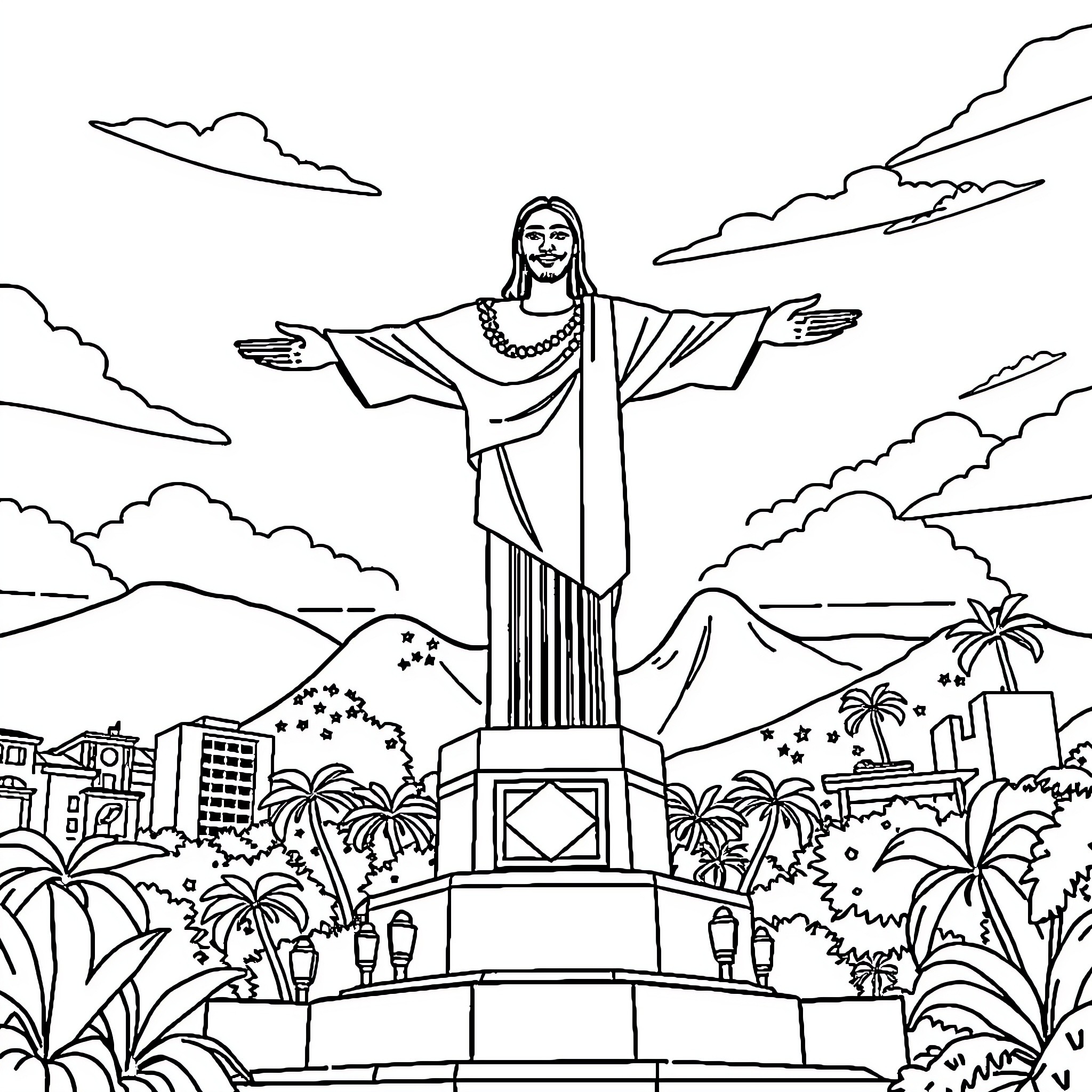 Cristo Redentor overlooking the city landscape Coloring Page (free black-and-white line drawing printable PDF for all, from beginners to advanced learners, including children, teens, adults, and seniors)