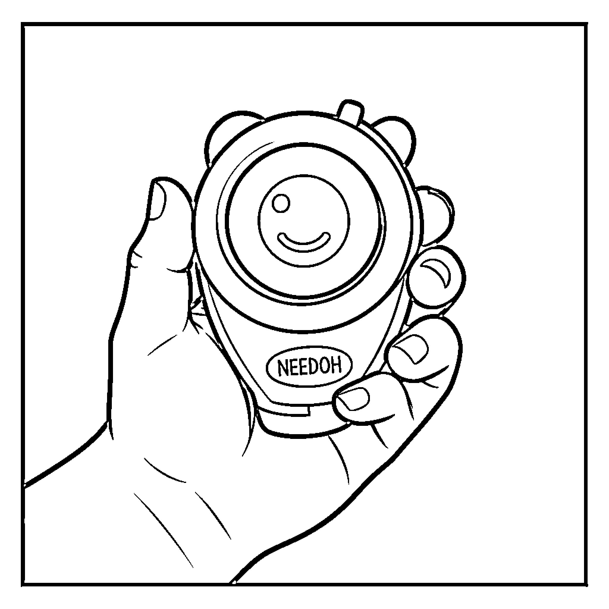Needoh hand holding a small smiling device Coloring Page (free black-and-white line drawing printable PDF for all, from beginners to advanced learners, including children, teens, adults, and seniors)