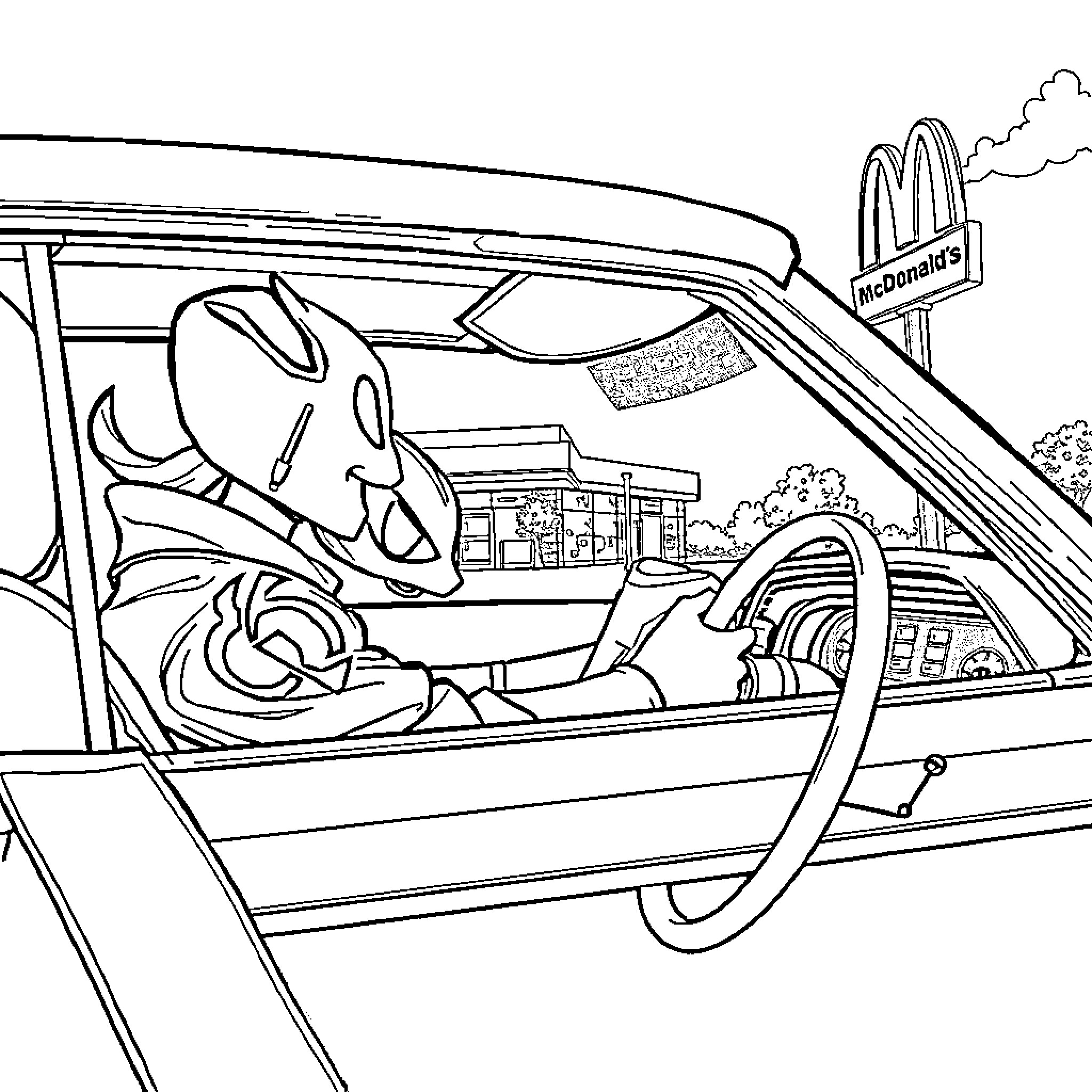 Spawn driving through a fast-food restaurant Coloring Page (free black-and-white line drawing printable PDF for all, from beginners to advanced learners, including children, teens, adults, and seniors)