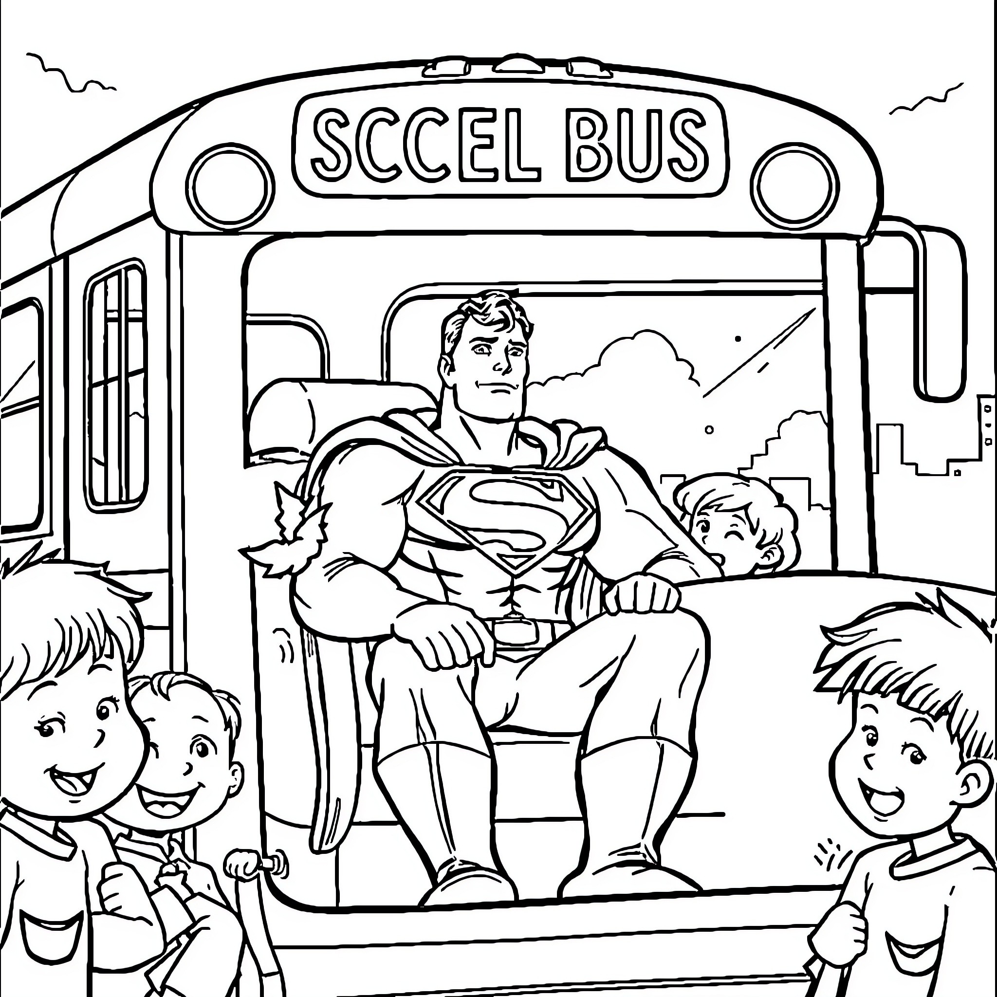 Superman riding on the SCCEL BUS with children Coloring Page (free black-and-white line drawing printable PDF for all, from beginners to advanced learners, including children, teens, adults, and seniors)